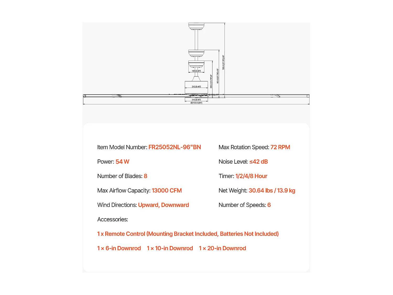 Deckenventilator SucceBuy 244 cm aus Aluminium ohne Licht Fernbedienung Gebürstetes Nickel
