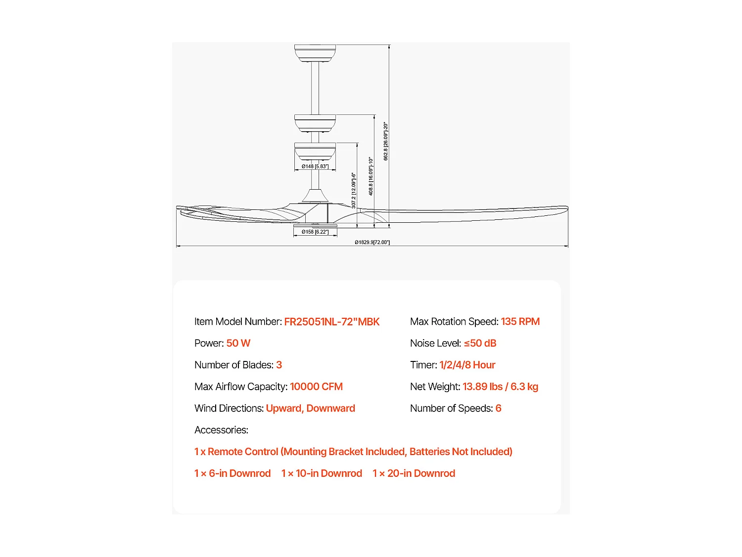 Ventilateur de Plafond à Pales en Bois SucceBuy 183cm sans Lumière avec Télécommande et Moteur Réversible Noir