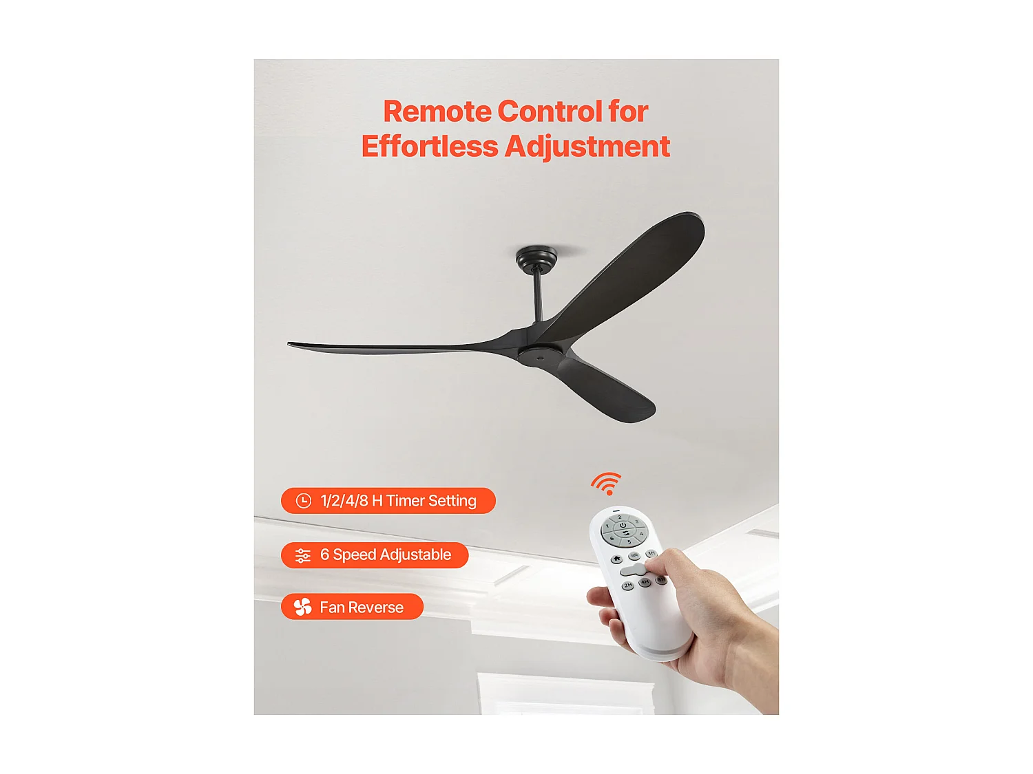 Ventilatore da Soffitto con Pale in Legno SucceBuy 183cm senza Luce con Telecomando e Motore Reversibile Nero