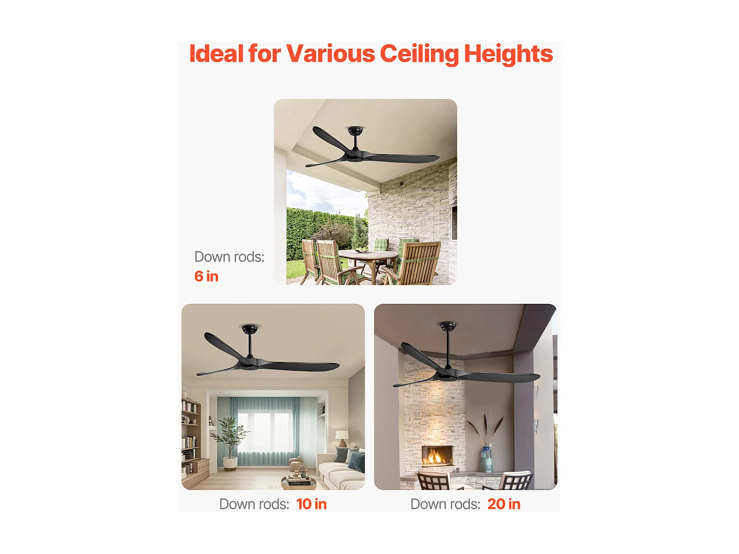Ventilatore da Soffitto con Pale in Legno SucceBuy 183cm senza Luce con Telecomando e Motore Reversibile Nero