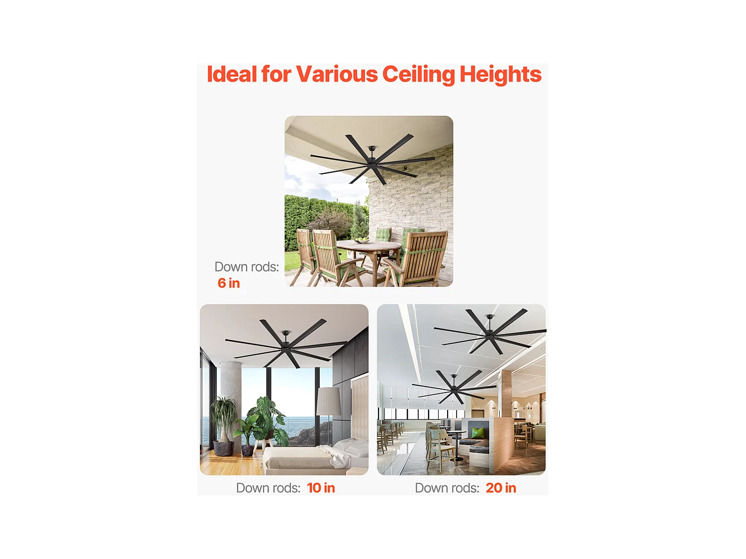 Ventilateur de Plafond en Aluminium SucceBuy 244 cm sans Lumière Télécommande Moteur à Courant Continu Noir