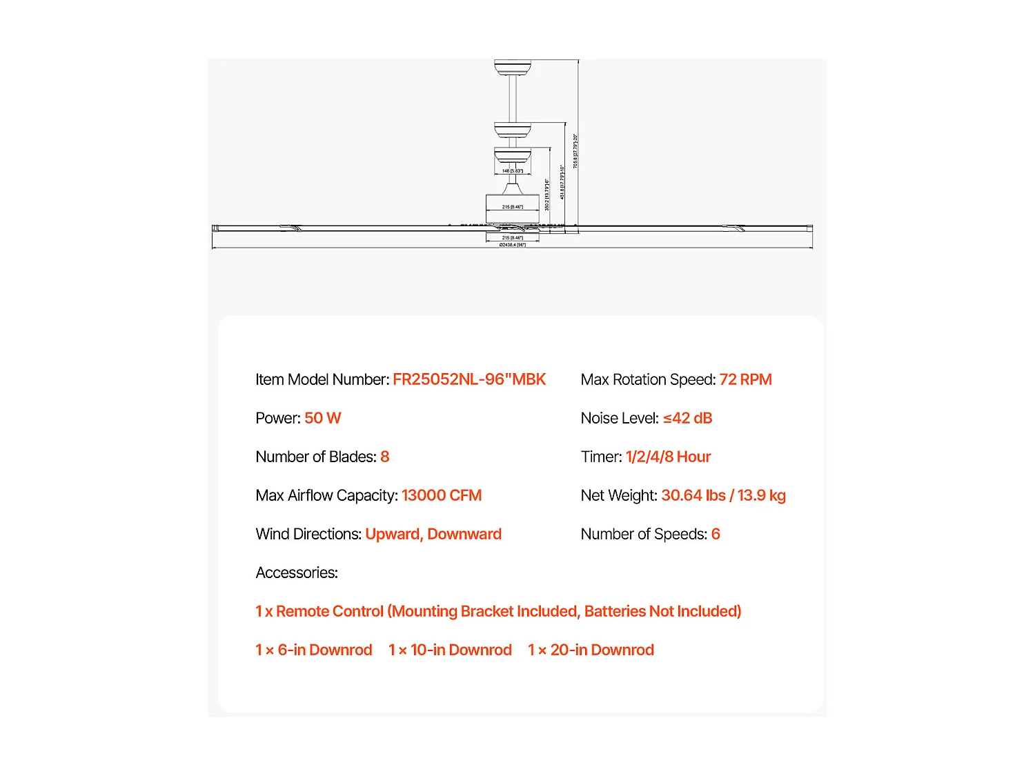 Ventilateur de Plafond en Aluminium SucceBuy 244 cm sans Lumière Télécommande Moteur à Courant Continu Noir