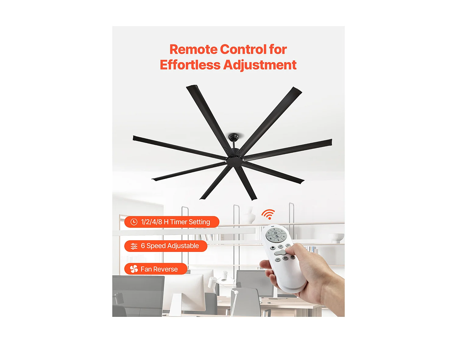 Ventilateur de Plafond en Aluminium SucceBuy 244 cm sans Lumière Télécommande Moteur à Courant Continu Noir