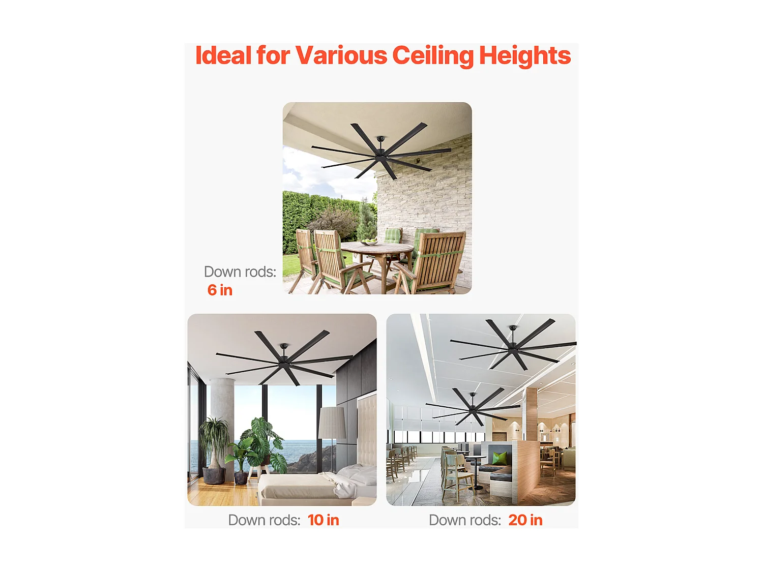 Ventilateur de Plafond en Aluminium SucceBuy 244 cm sans Lumière Télécommande Moteur à Courant Continu Noir