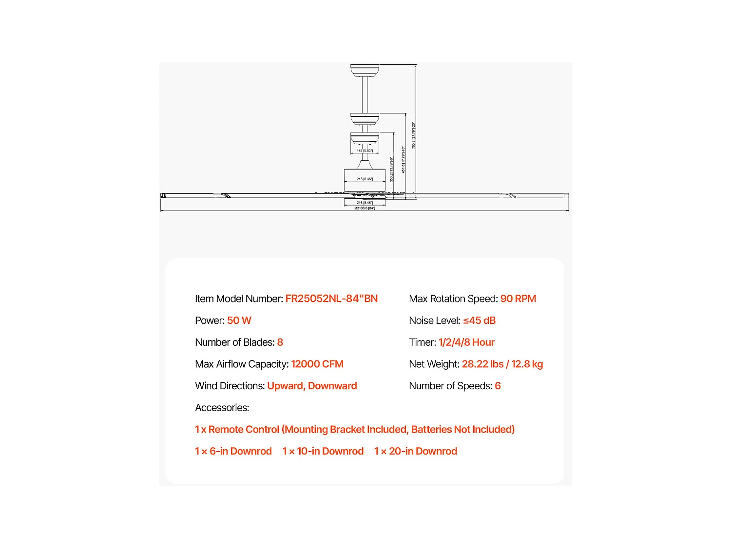 Deckenventilator aus Aluminium SucceBuy 213 cm ohne Licht und Fernbedienung Gebürstetes Nickel