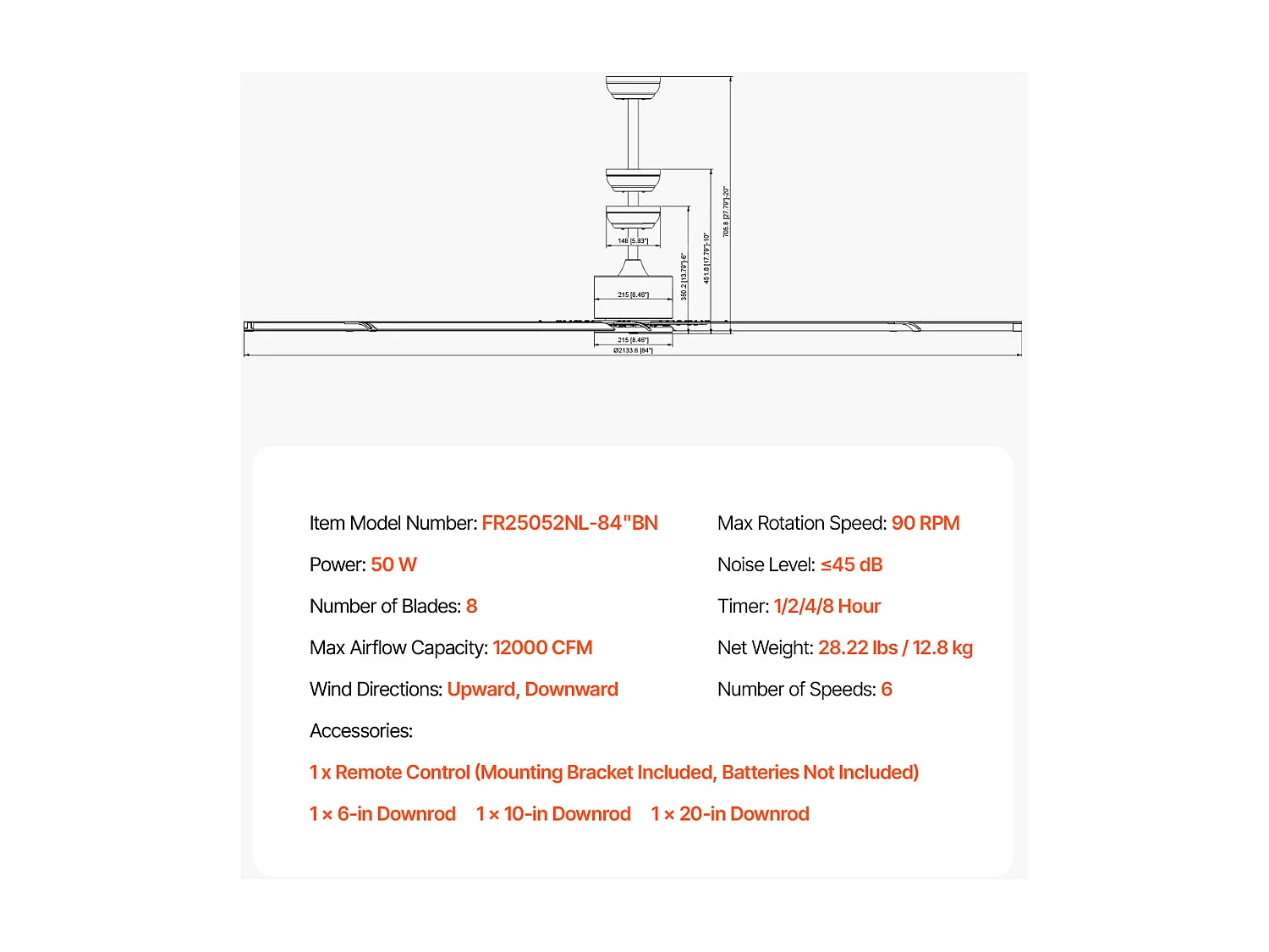 Ventilateur de Plafond en Aluminium SucceBuy 213 cm sans Lumière et Télécommande Nickel Brossé