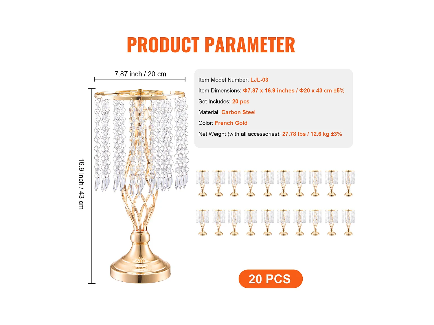 Vase SucceBuy Lot de 20 Supports de Fleurs de Mariage en Cristal de 43 cm de Haut, Vase Doré pour Décoration, Témoin de Vos Moments de Bonheur