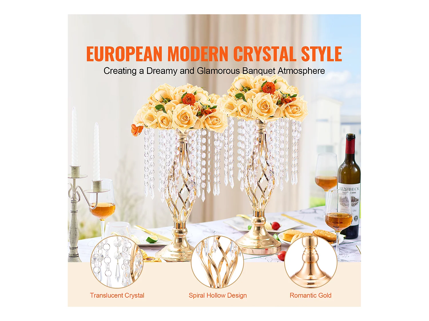 Vase SucceBuy Lot de 20 Supports de Fleurs de Mariage en Cristal de 43 cm de Haut, Vase Doré pour Décoration, Témoin de Vos Moments de Bonheur