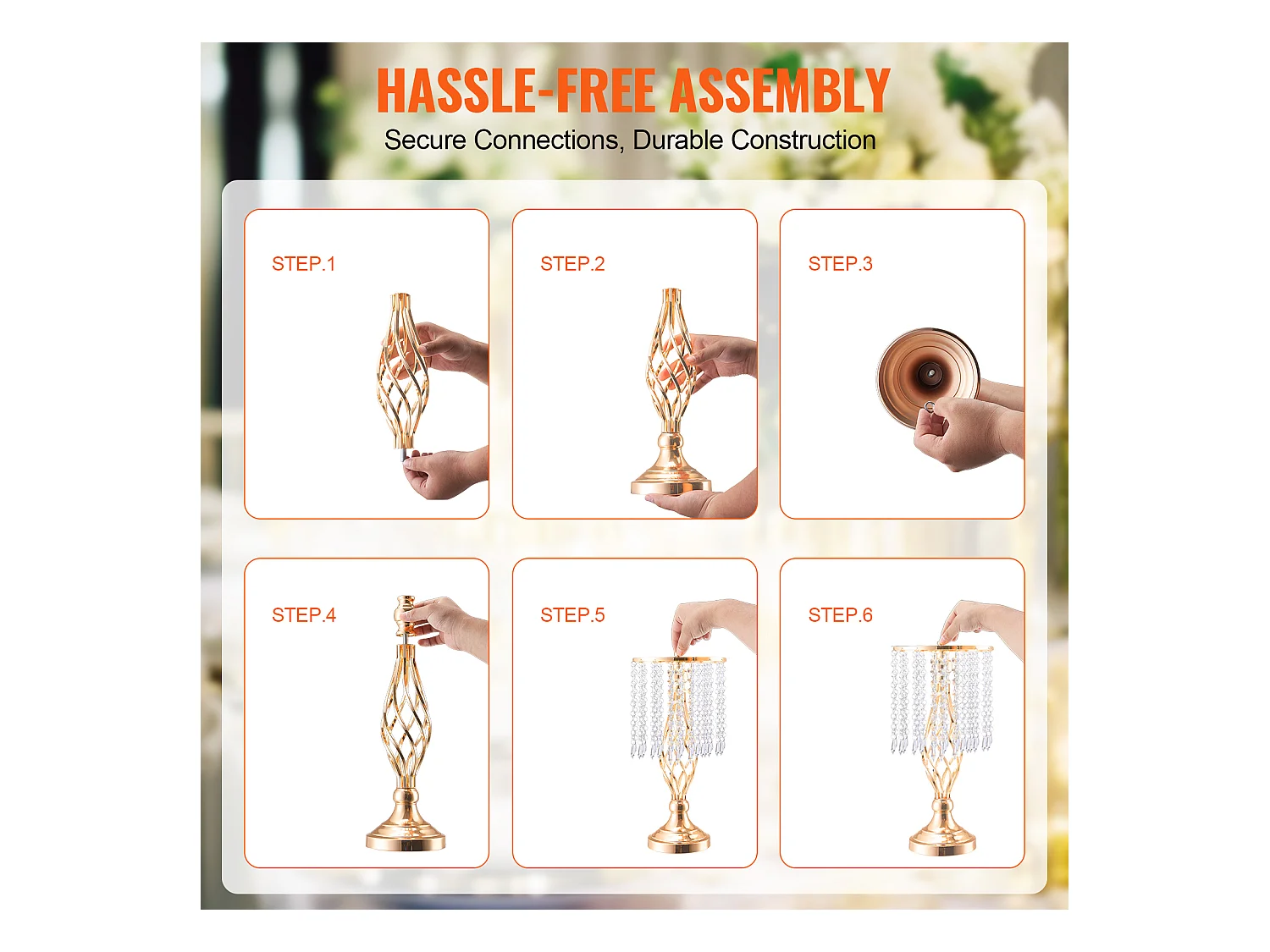 Vase SucceBuy Lot de 20 Supports de Fleurs de Mariage en Cristal de 43 cm de Haut, Vase Doré pour Décoration, Témoin de Vos Moments de Bonheur