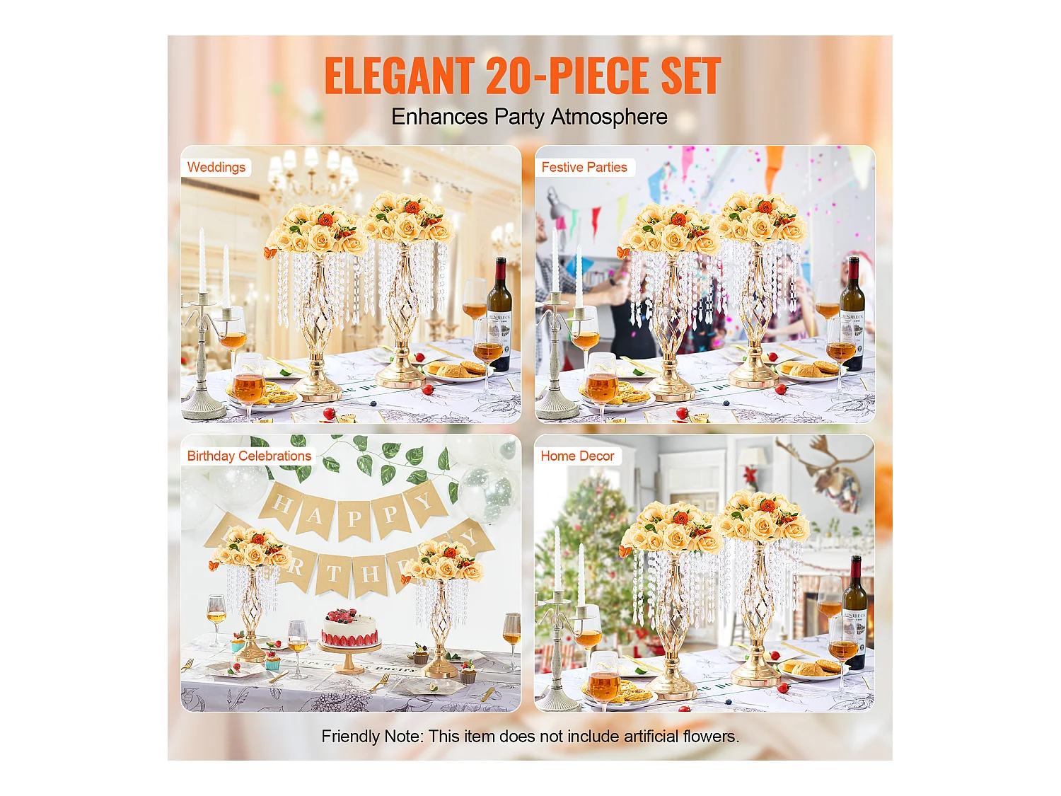 Vase SucceBuy Lot de 20 Supports de Fleurs de Mariage en Cristal de 43 cm de Haut, Vase Doré pour Décoration, Témoin de Vos Moments de Bonheur