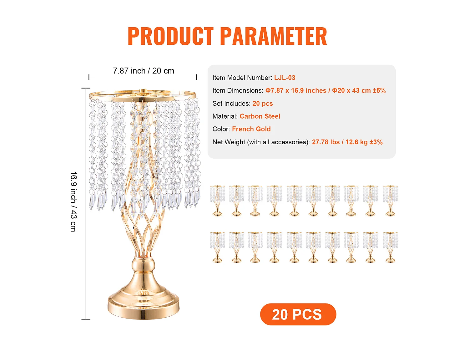 Vase SucceBuy Lot de 20 Supports de Fleurs de Mariage en Cristal de 43 cm de Haut, Vase Doré pour Décoration, Témoin de Vos Moments de Bonheur