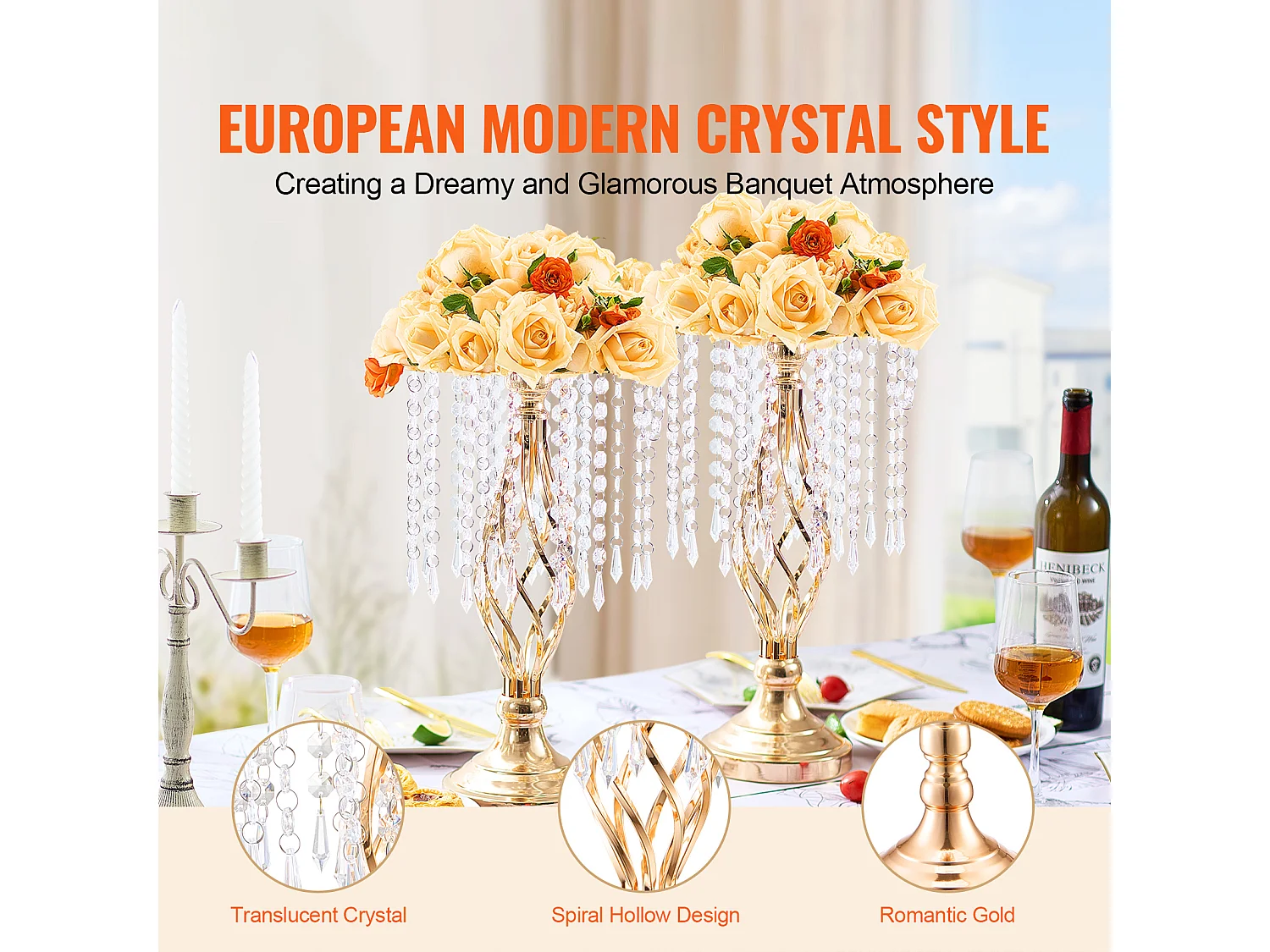 Vase SucceBuy Lot de 20 Supports de Fleurs de Mariage en Cristal de 43 cm de Haut, Vase Doré pour Décoration, Témoin de Vos Moments de Bonheur