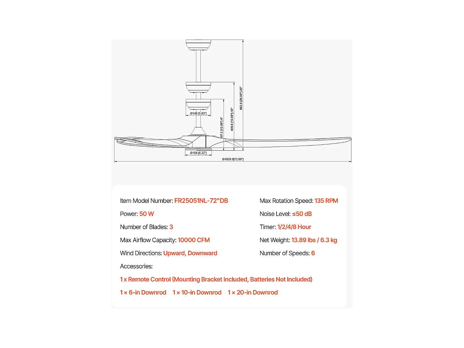 Ventilateur de Plafond à Pales en Bois SucceBuy 183cm sans Lumière avec Télécommande et Moteur Réversible en Noyer