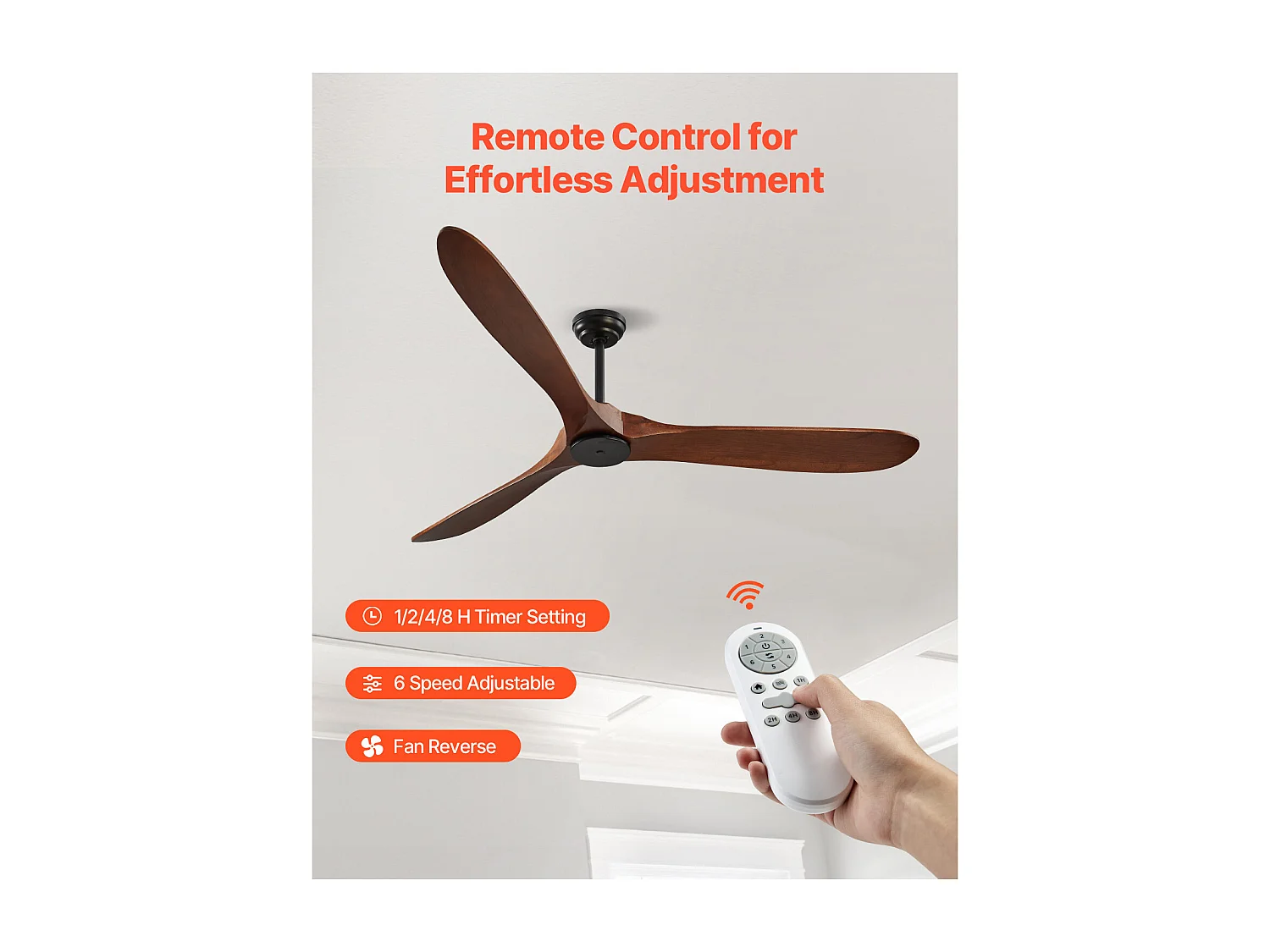 Ventilateur de Plafond à Pales en Bois SucceBuy 183cm sans Lumière avec Télécommande et Moteur Réversible en Noyer