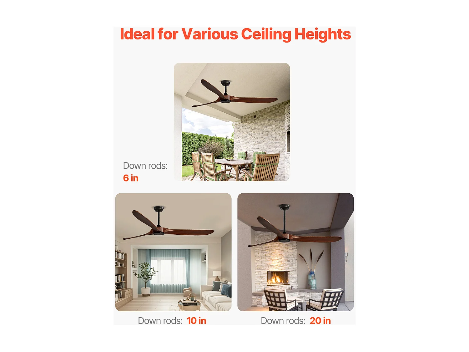 Ventilateur de Plafond à Pales en Bois SucceBuy 183cm sans Lumière avec Télécommande et Moteur Réversible en Noyer