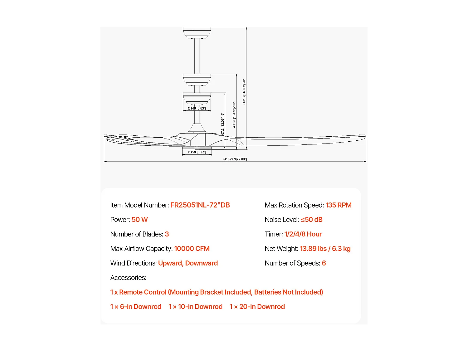 Plafondventilator met Houten Bladen SucceBuy 183cm zonder Licht met Afstandsbediening en Omkeerbare Motor in Walnoot