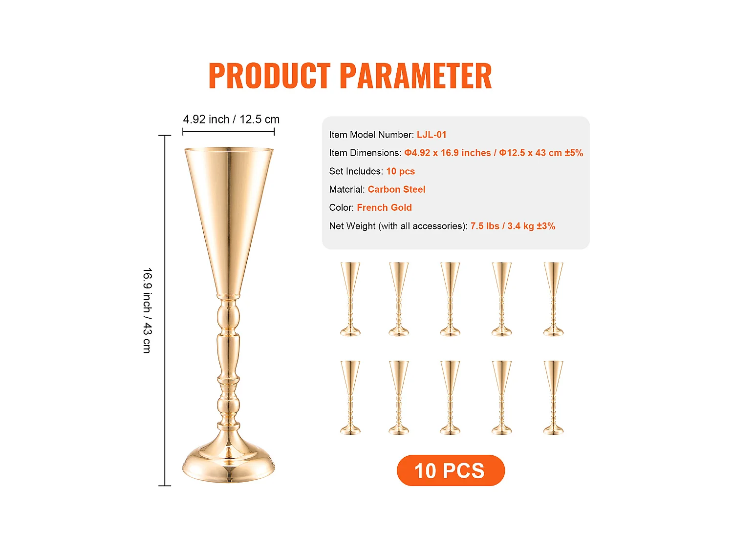 Vase SucceBuy Lot de 10 Vases à Fleurs de Mariage en Métal Doré de 43 cm de Haut pour Tables