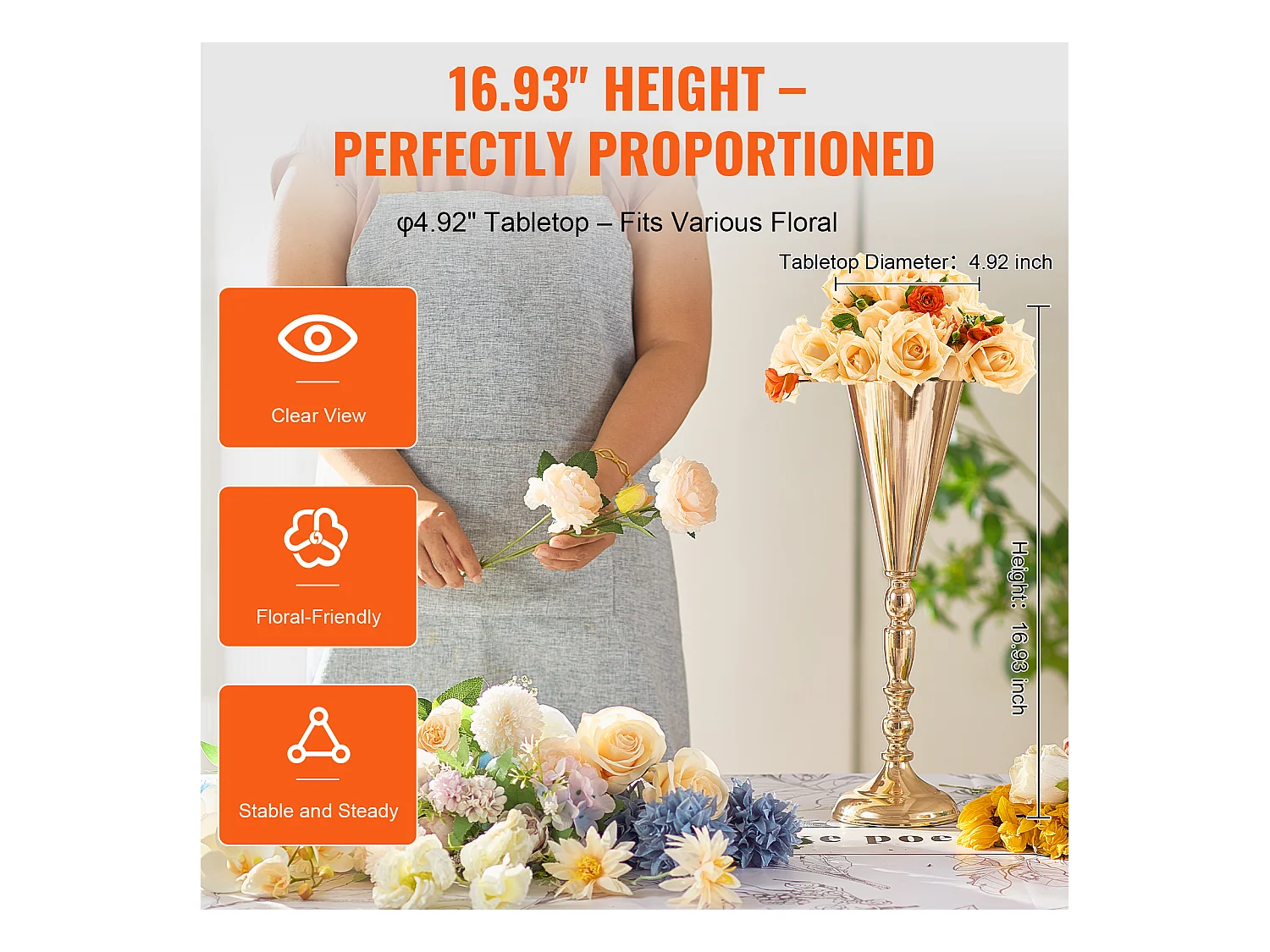 Vase SucceBuy Lot de 10 Vases à Fleurs de Mariage en Métal Doré de 43 cm de Haut pour Tables