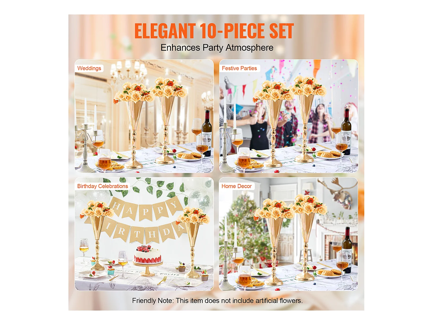 Vase SucceBuy Lot de 10 Vases à Fleurs de Mariage en Métal Doré de 43 cm de Haut pour Tables