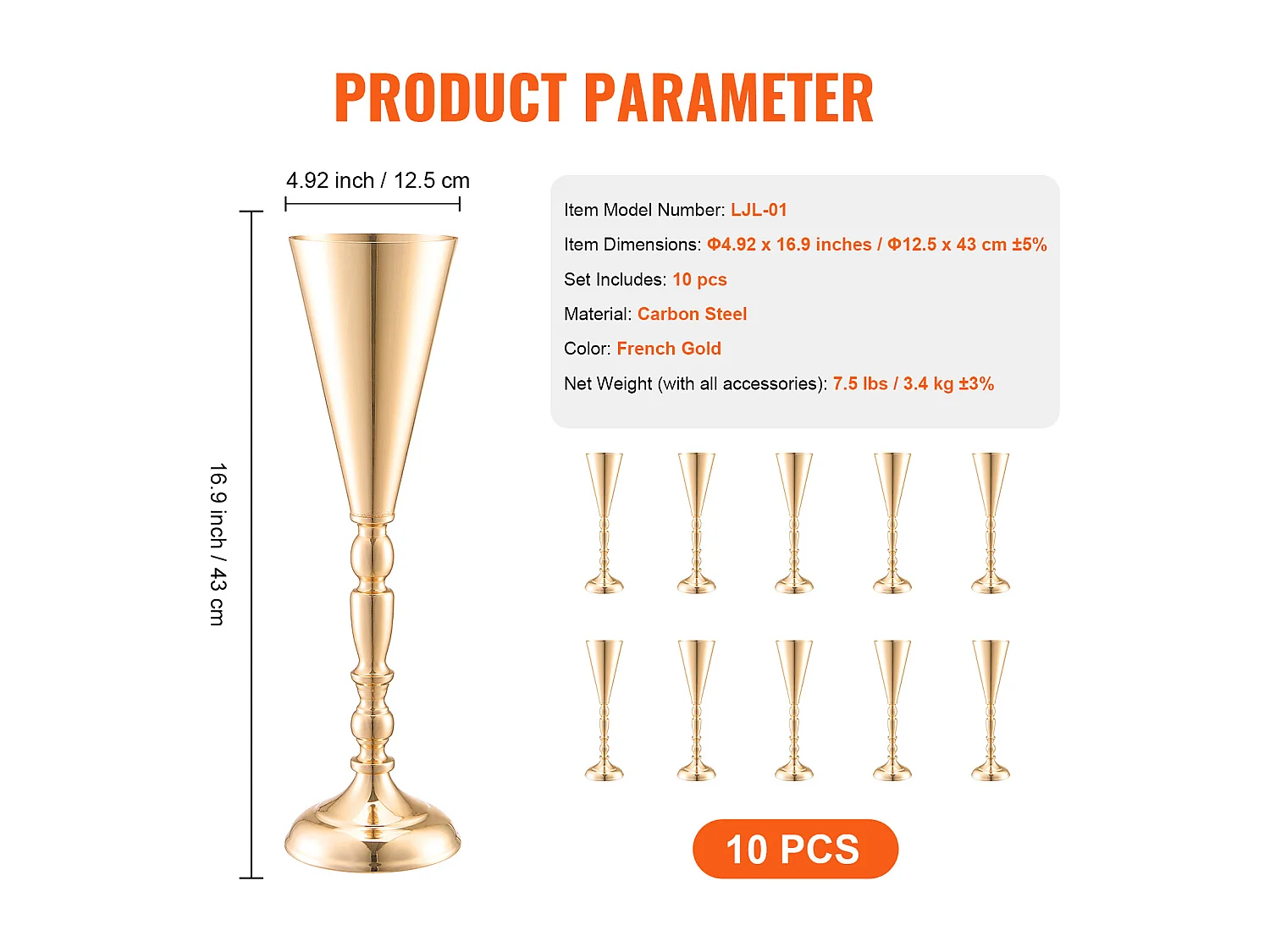 Vase SucceBuy Lot de 10 Vases à Fleurs de Mariage en Métal Doré de 43 cm de Haut pour Tables