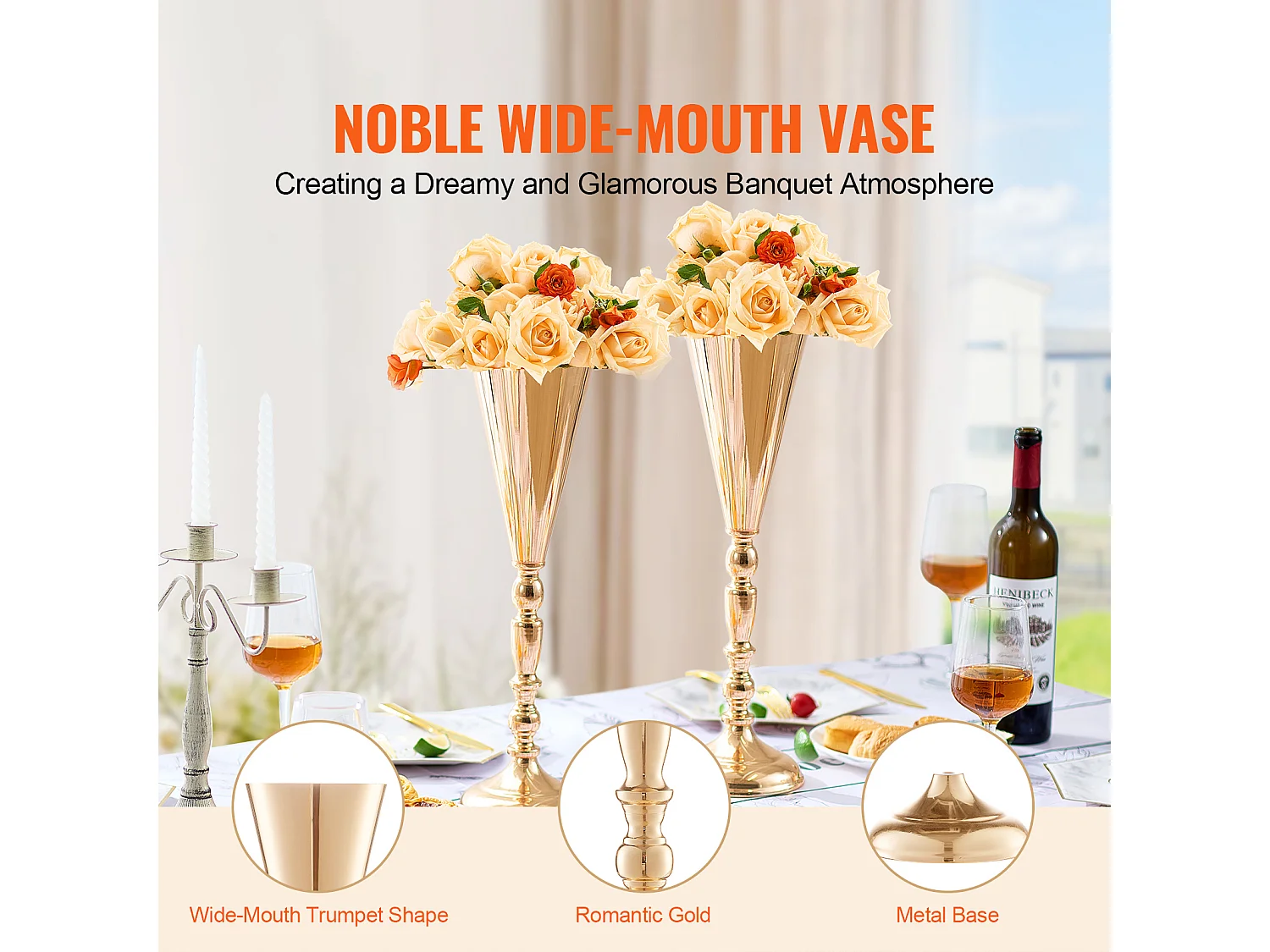 Vase SucceBuy Lot de 10 Vases à Fleurs de Mariage en Métal Doré de 43 cm de Haut pour Tables