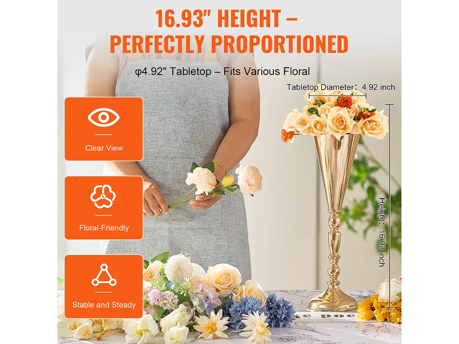 Vase SucceBuy Lot de 10 Vases à Fleurs de Mariage en Métal Doré de 43 cm de Haut pour Tables