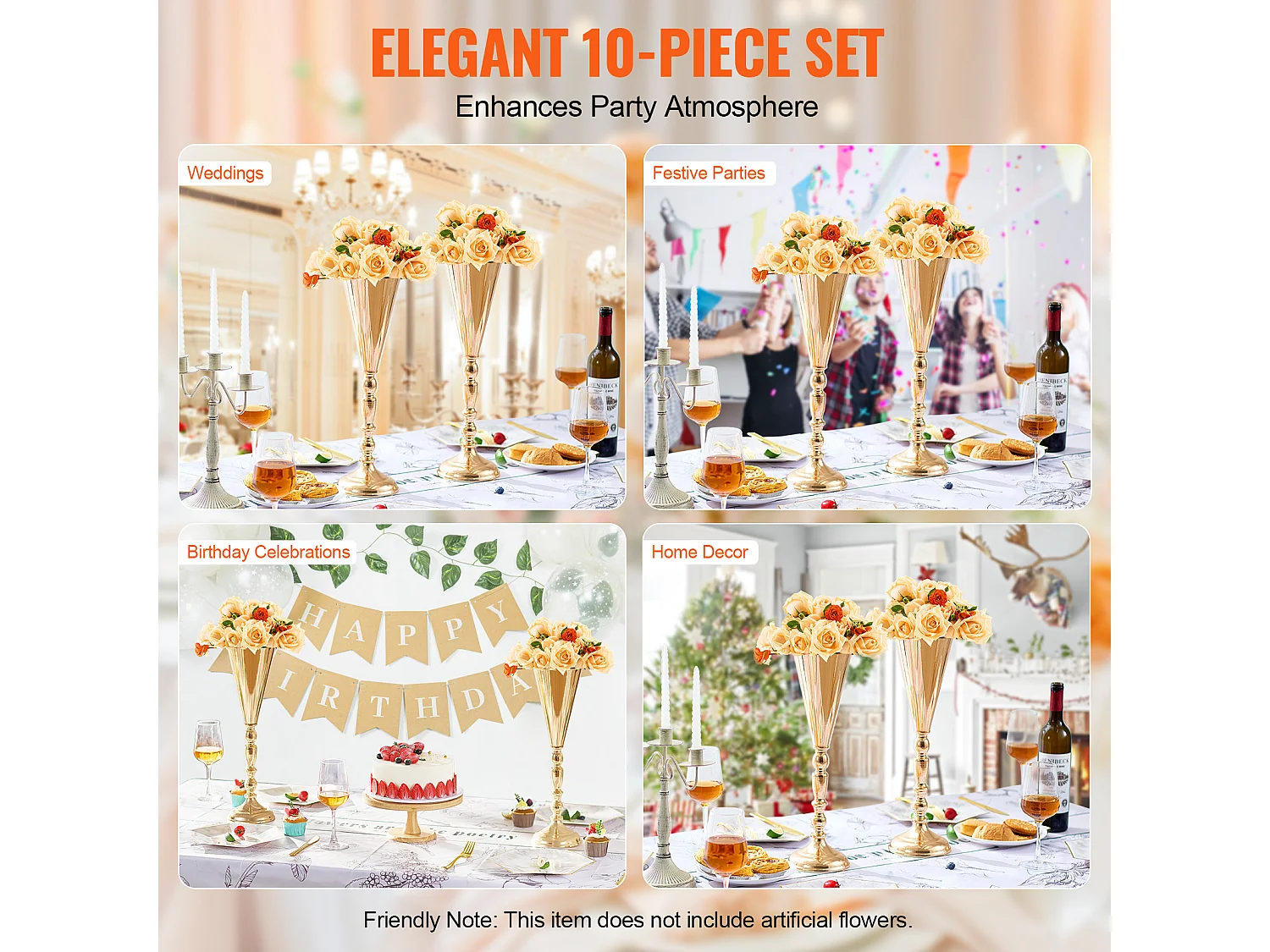 Vase SucceBuy Lot de 10 Vases à Fleurs de Mariage en Métal Doré de 43 cm de Haut pour Tables