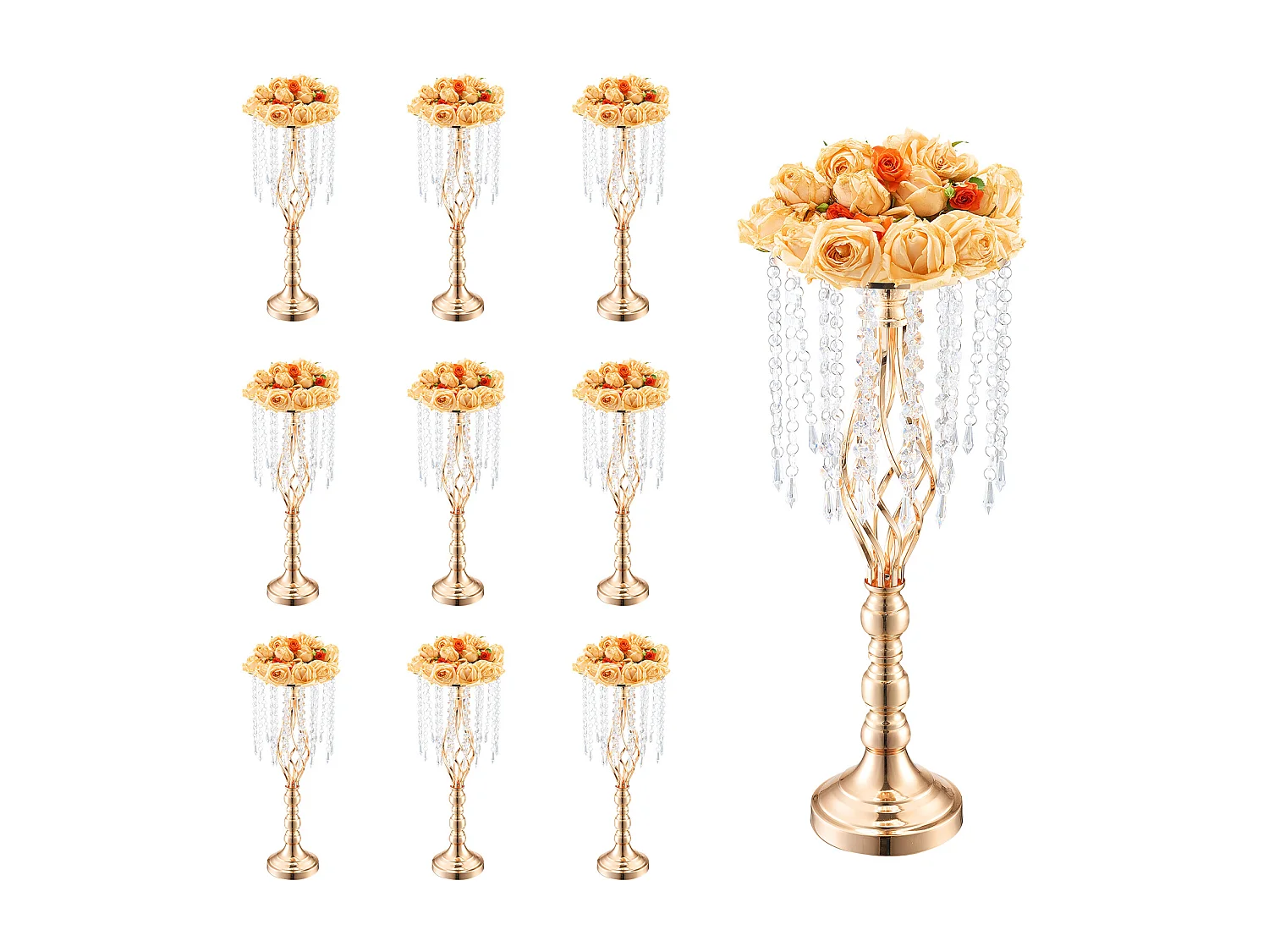 Vase SucceBuy Lot de 10 Supports de Fleurs de Mariage en Cristal de 55 cm de Haut, Vase en Métal Doré pour Décoration, Témoin de Vos Moments de Bonheur