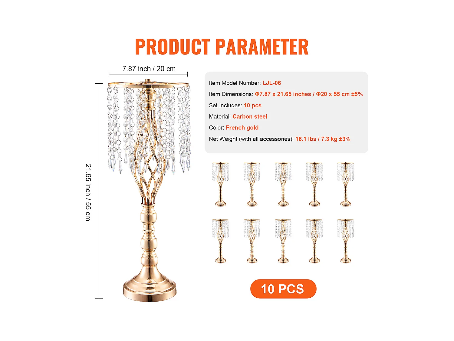 Vase SucceBuy Lot de 10 Supports de Fleurs de Mariage en Cristal de 55 cm de Haut, Vase en Métal Doré pour Décoration, Témoin de Vos Moments de Bonheur