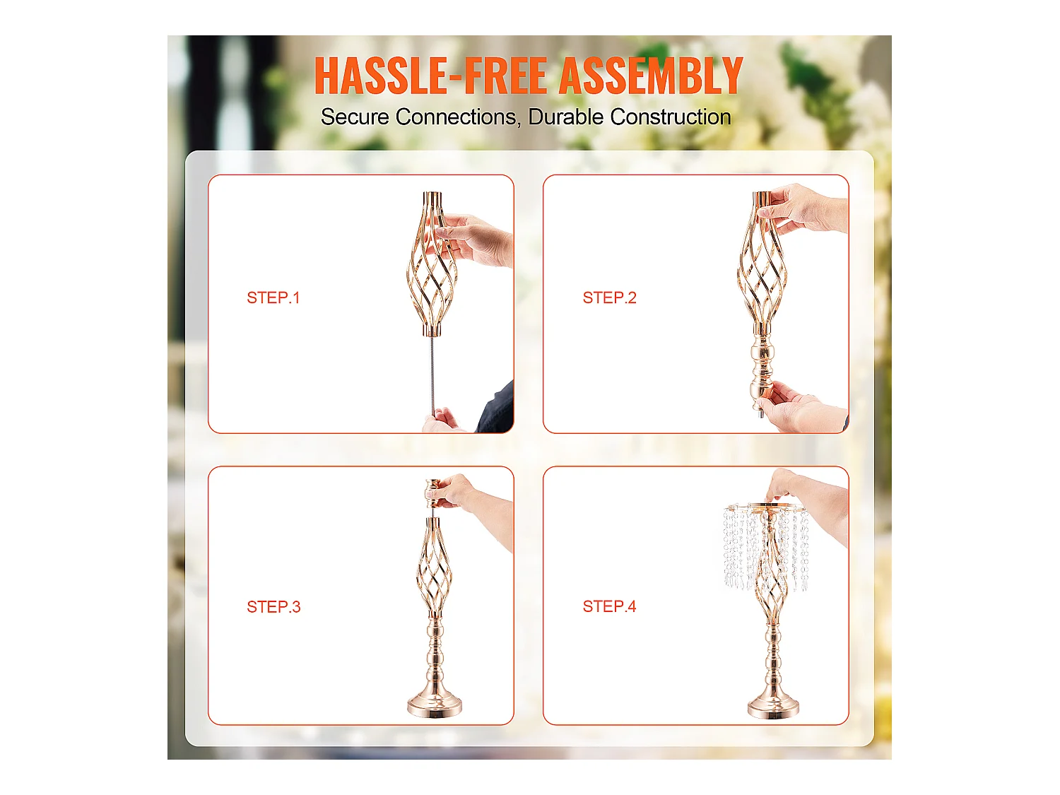 Vase SucceBuy Lot de 10 Supports de Fleurs de Mariage en Cristal de 55 cm de Haut, Vase en Métal Doré pour Décoration, Témoin de Vos Moments de Bonheur