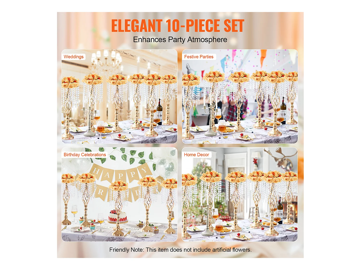 Vase SucceBuy Lot de 10 Supports de Fleurs de Mariage en Cristal de 55 cm de Haut, Vase en Métal Doré pour Décoration, Témoin de Vos Moments de Bonheur