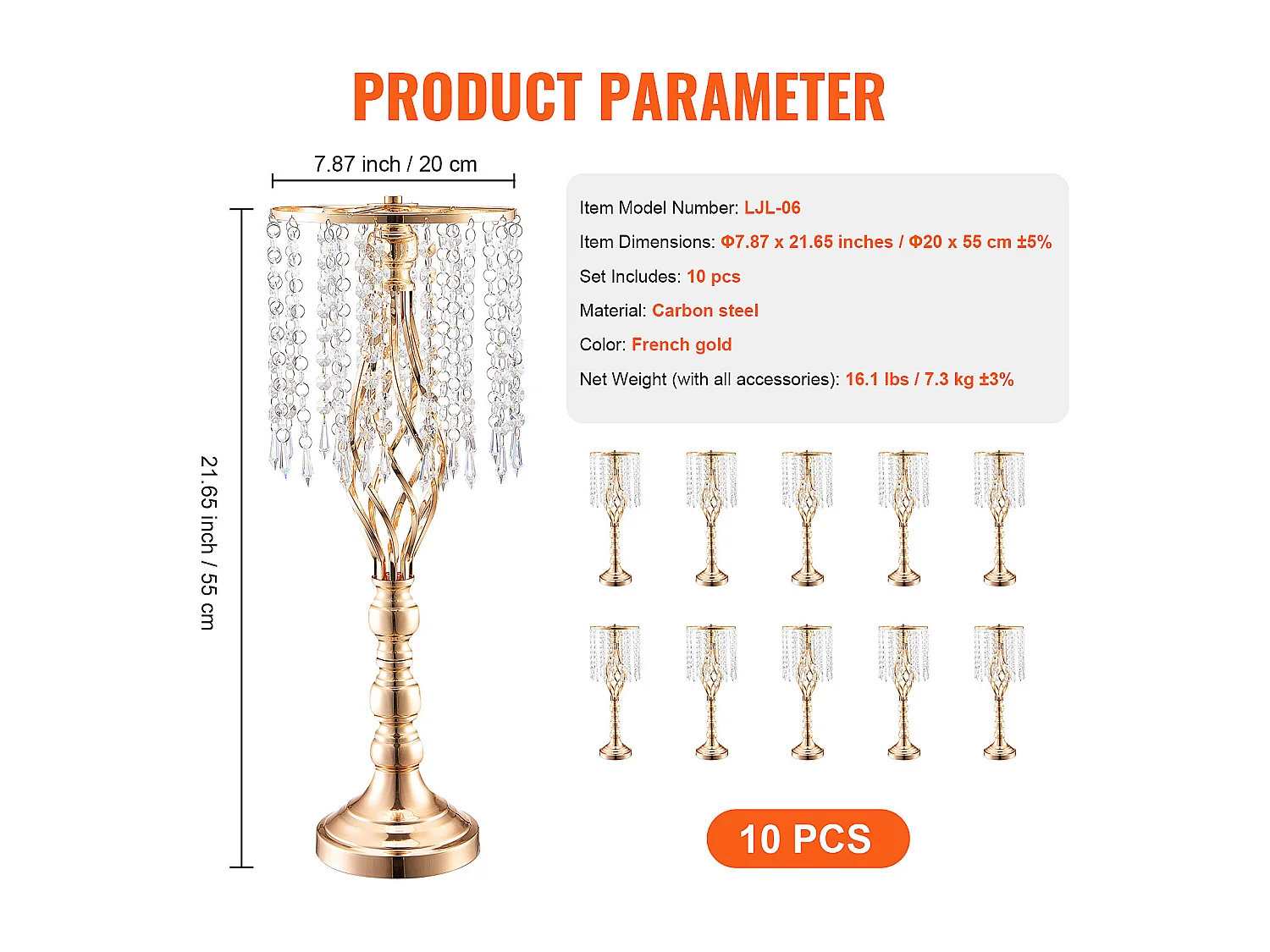 Wazon SucceBuy Zestaw 10 Kryształowych Stojaków na Kwiaty Ślubne o Wysokości 55 cm, Złoty Metalowy Wazon do Dekoracji, Bądź Świadkiem Szczęśliwych Chwil