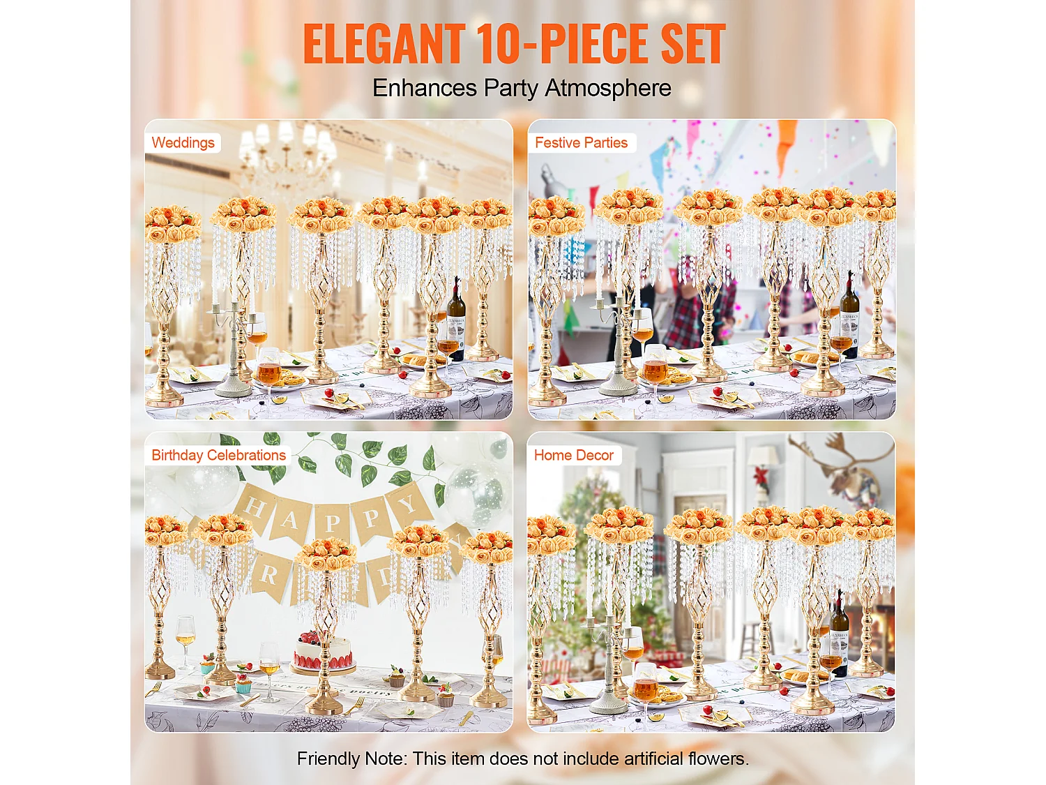Wazon SucceBuy Zestaw 10 Kryształowych Stojaków na Kwiaty Ślubne o Wysokości 55 cm, Złoty Metalowy Wazon do Dekoracji, Bądź Świadkiem Szczęśliwych Chwil