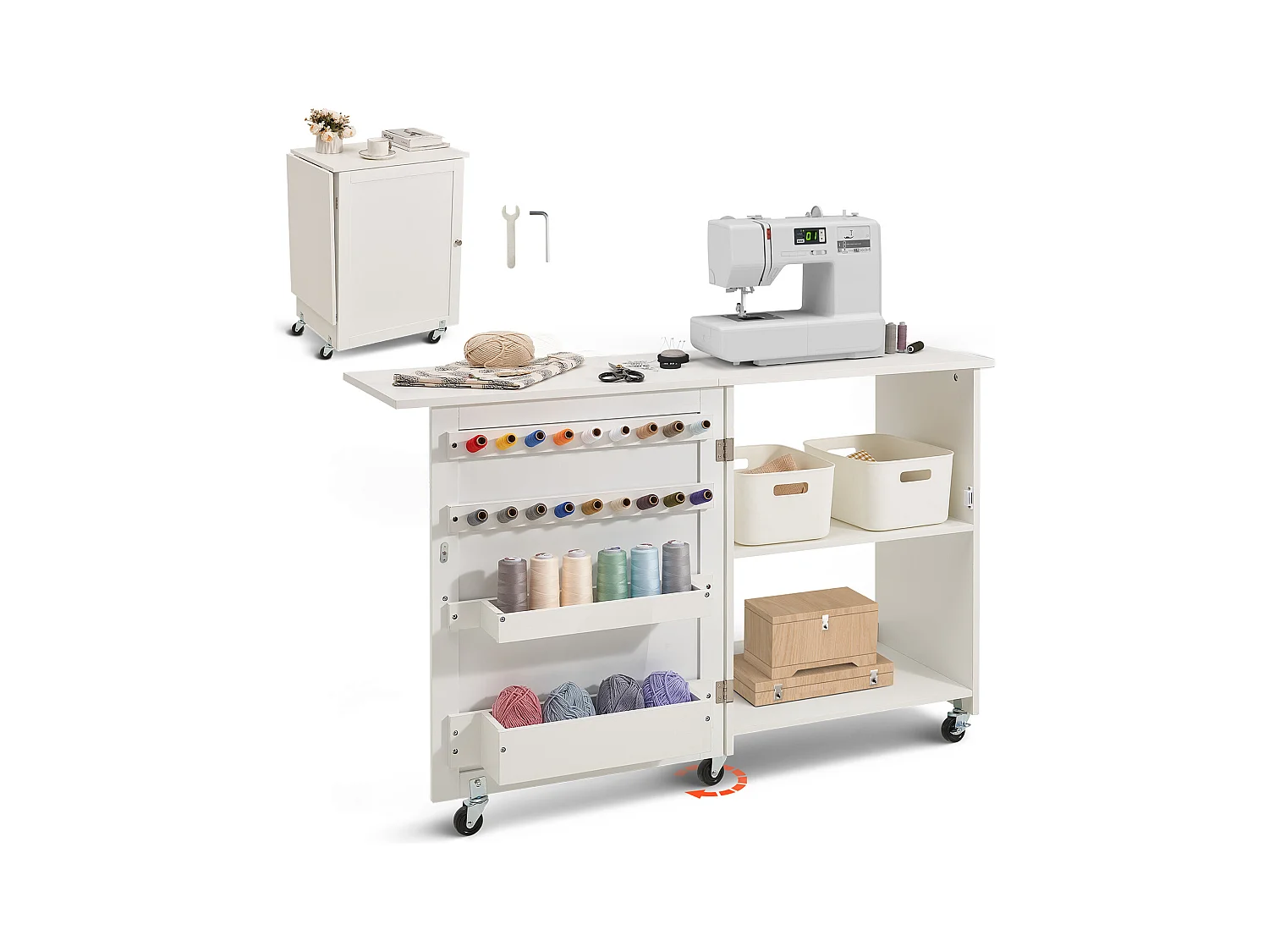 Tableau de Couture SucceBuy Pliante avec Roulettes Verrouillables Étagères de Rangement Plateaux Porte Blanc
