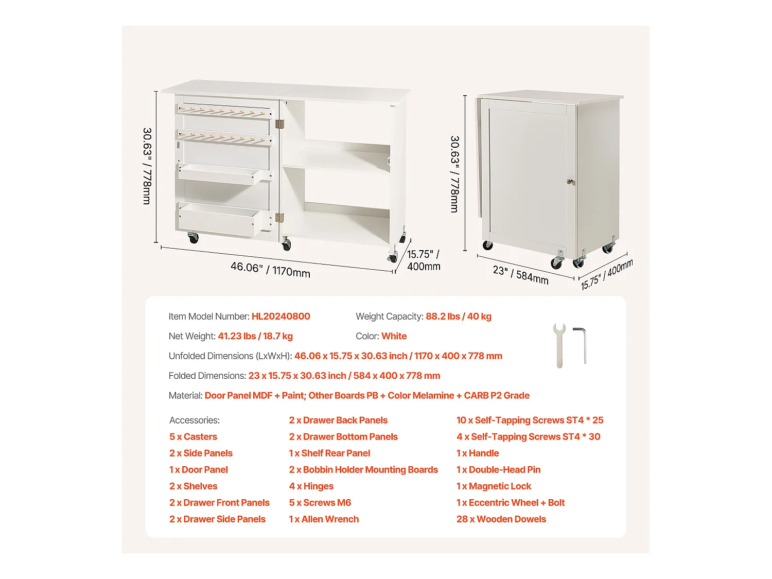 Tableau de Couture SucceBuy Pliante avec Roulettes Verrouillables Étagères de Rangement Plateaux Porte Blanc