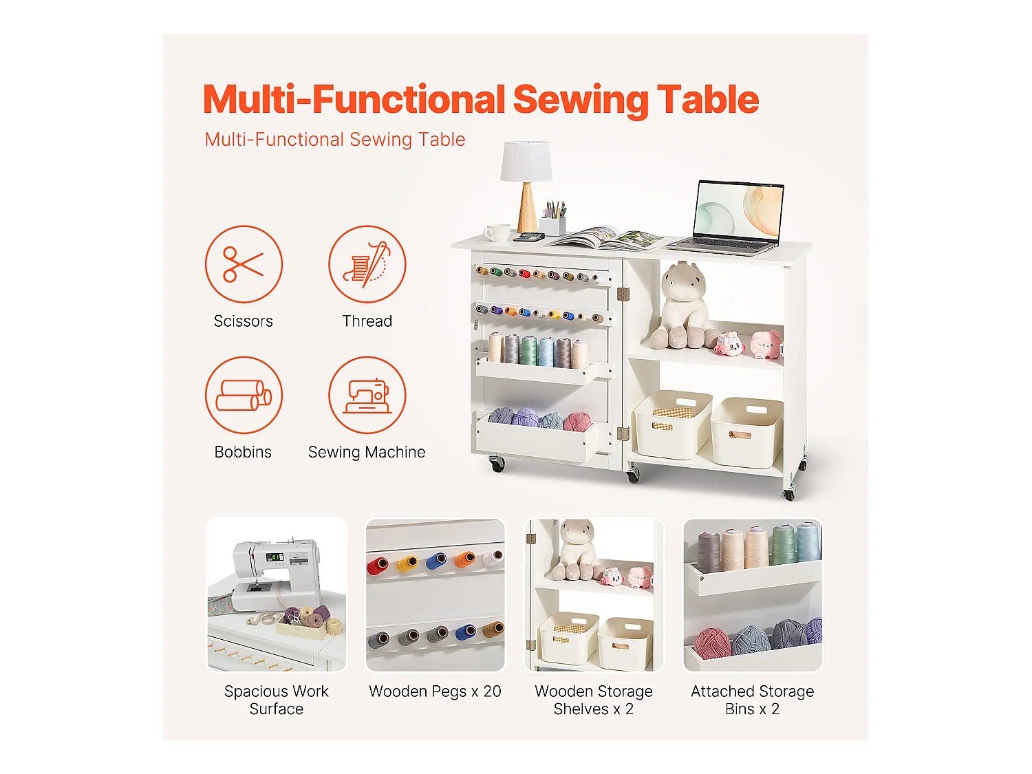 Tableau de Couture SucceBuy Pliante avec Roulettes Verrouillables Étagères de Rangement Plateaux Porte Blanc