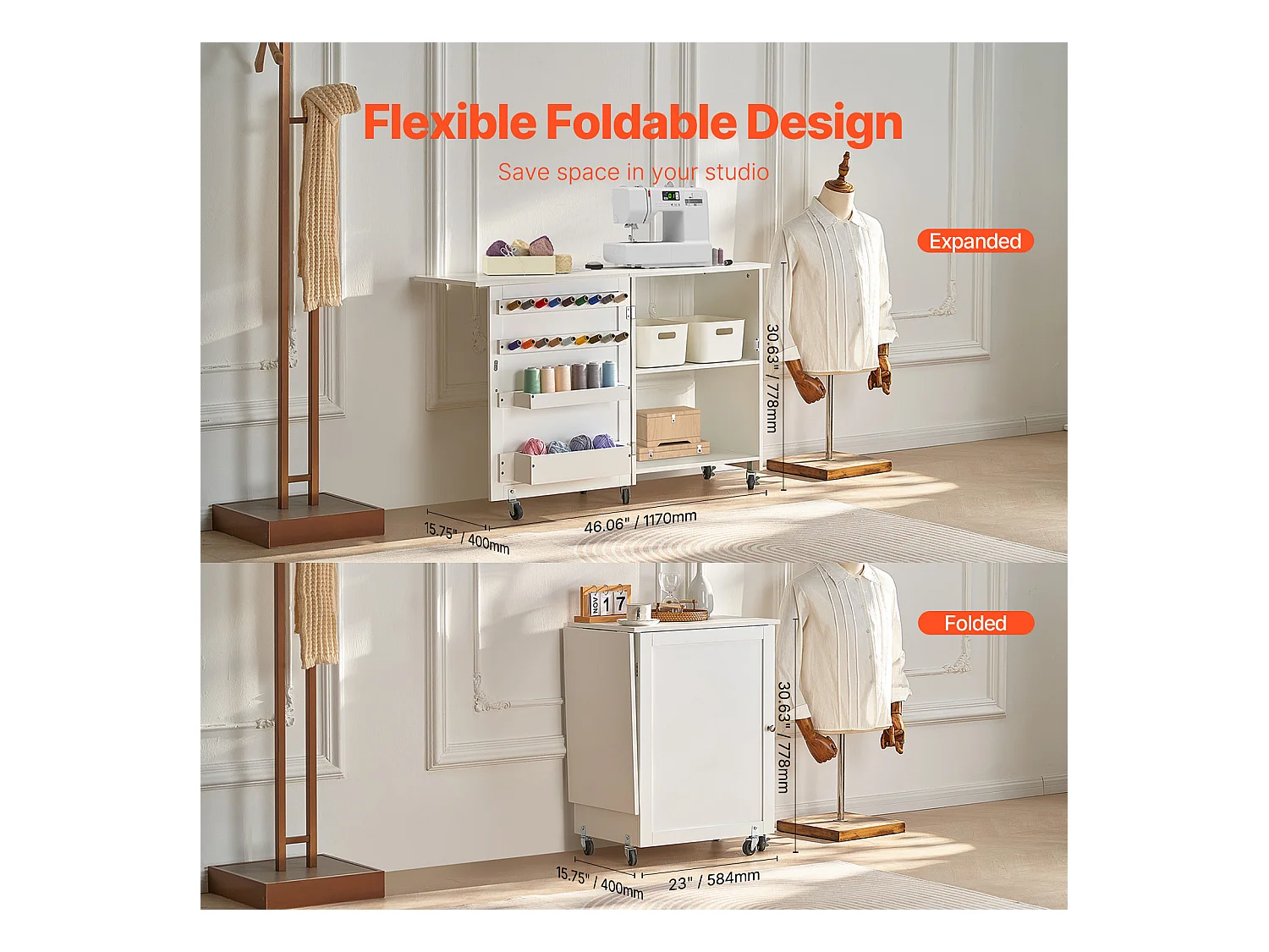 Tableau de Couture SucceBuy Pliante avec Roulettes Verrouillables Étagères de Rangement Plateaux Porte Blanc