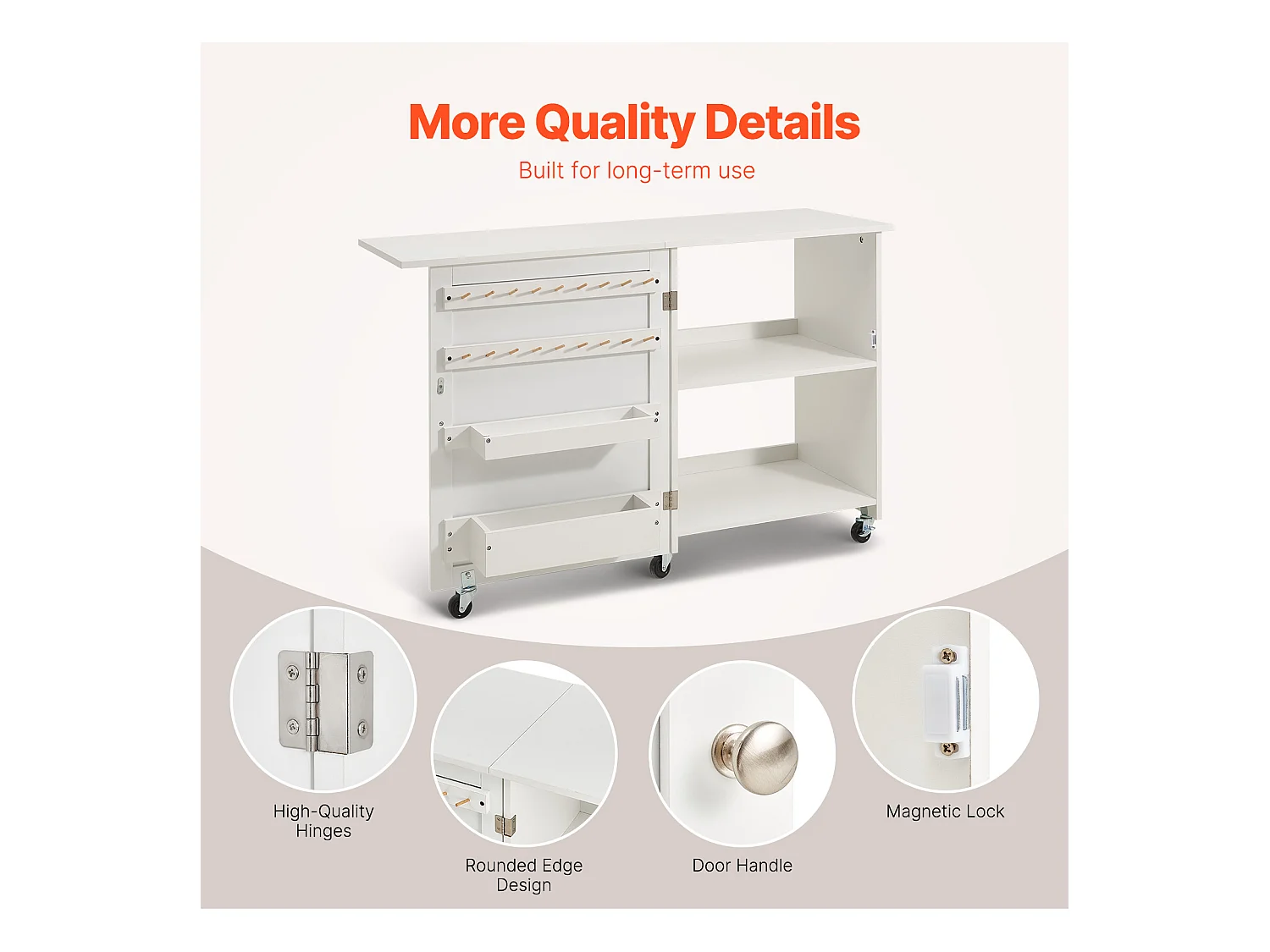 Tableau de Couture SucceBuy Pliante avec Roulettes Verrouillables Étagères de Rangement Plateaux Porte Blanc