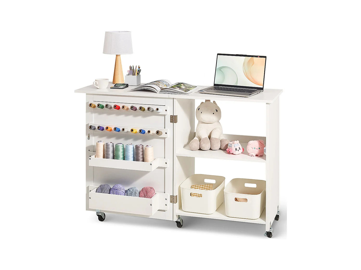 Tableau de Couture SucceBuy Pliante avec Roulettes Verrouillables Étagères de Rangement Plateaux Porte Blanc