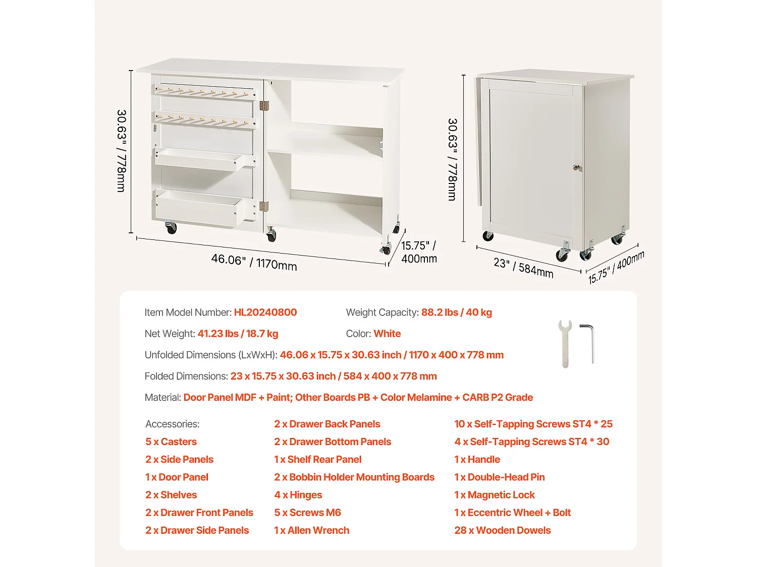 Mesa de Costura SucceBuy Plegable con Ruedas Bloqueables Estantes de Almacenamiento Bandejas Puerta Blanco