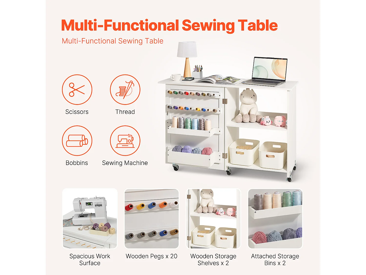 Mesa de Costura SucceBuy Plegable con Ruedas Bloqueables Estantes de Almacenamiento Bandejas Puerta Blanco