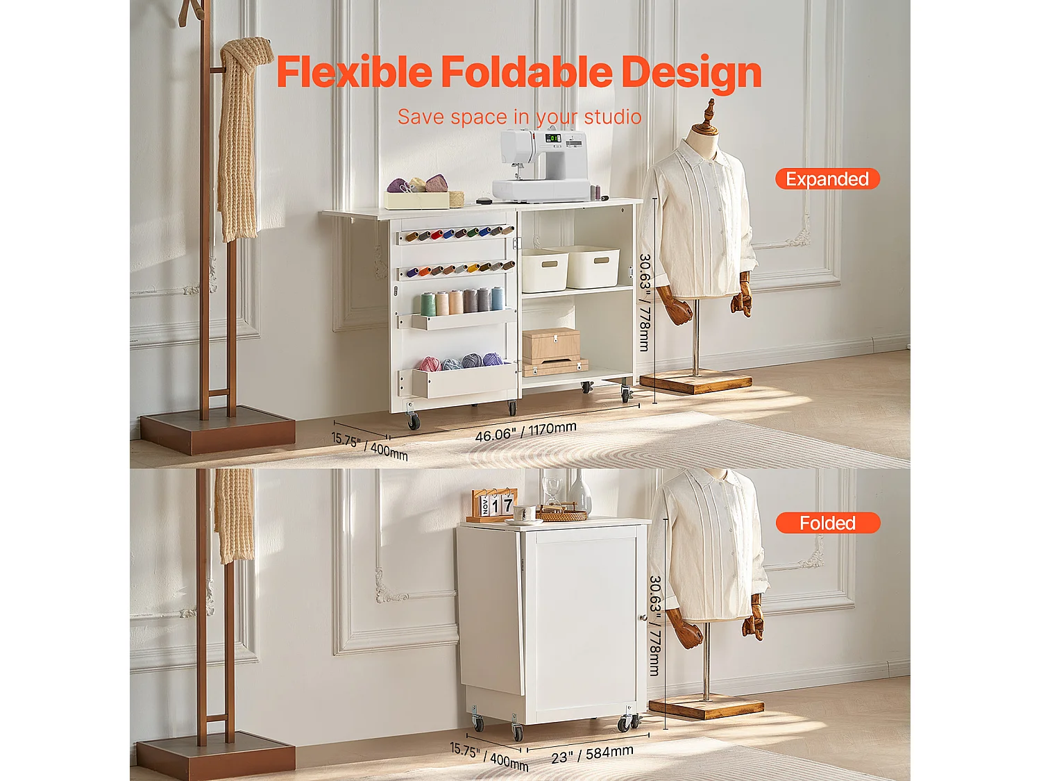 Mesa de Costura SucceBuy Plegable con Ruedas Bloqueables Estantes de Almacenamiento Bandejas Puerta Blanco