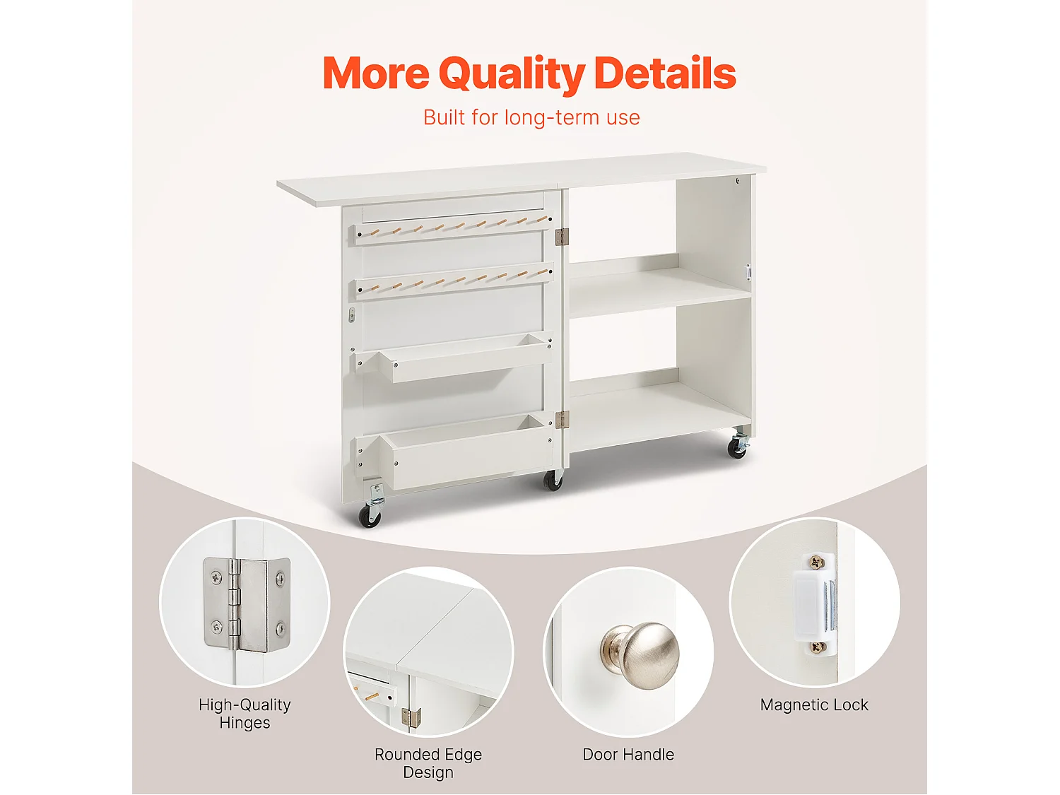 Mesa de Costura SucceBuy Plegable con Ruedas Bloqueables Estantes de Almacenamiento Bandejas Puerta Blanco