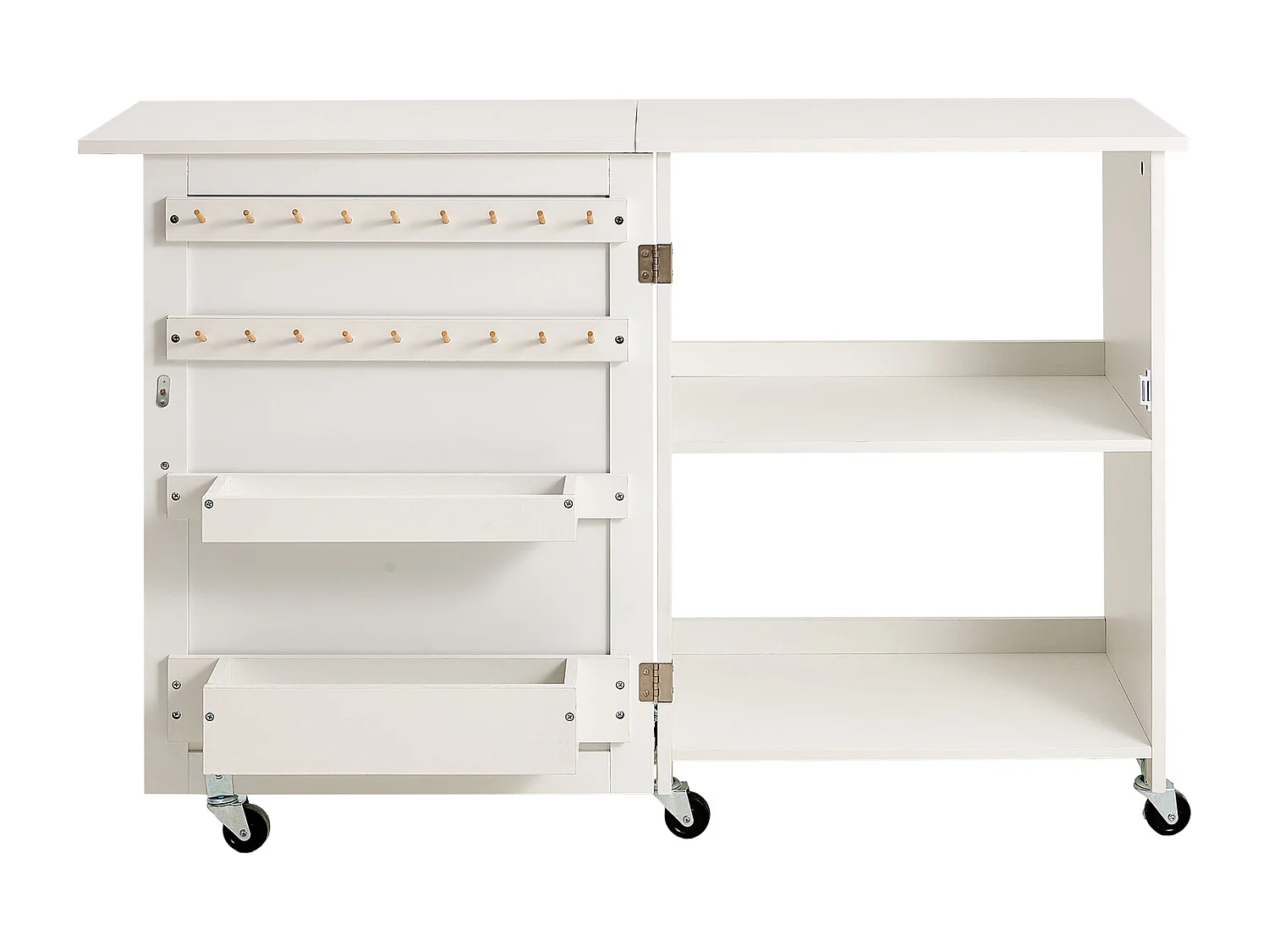 Mesa de Costura SucceBuy Plegable con Ruedas Bloqueables Estantes de Almacenamiento Bandejas Puerta Blanco