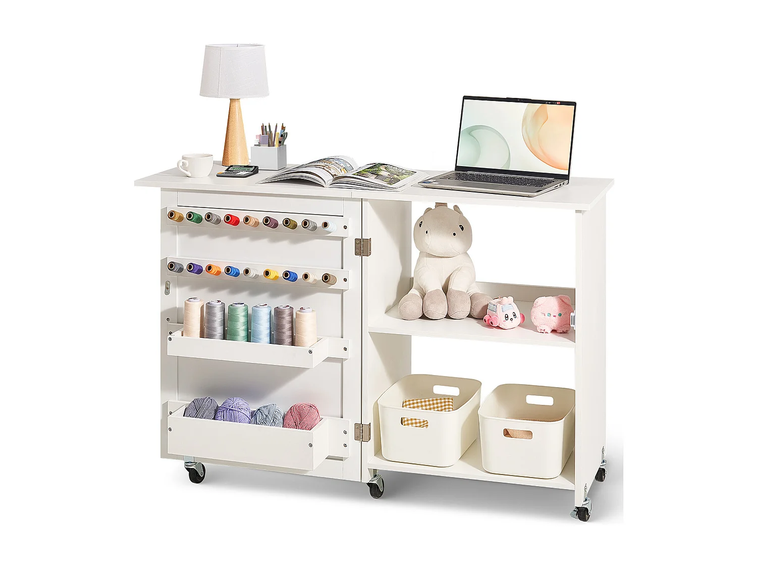 Mesa de Costura SucceBuy Plegable con Ruedas Bloqueables Estantes de Almacenamiento Bandejas Puerta Blanco