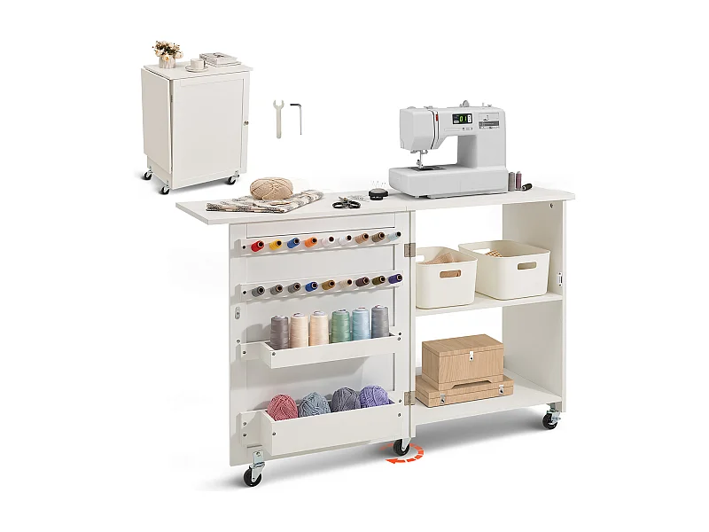 Tableau de Couture SucceBuy Pliante avec Roulettes Verrouillables Étagères de Rangement Plateaux Porte Blanc