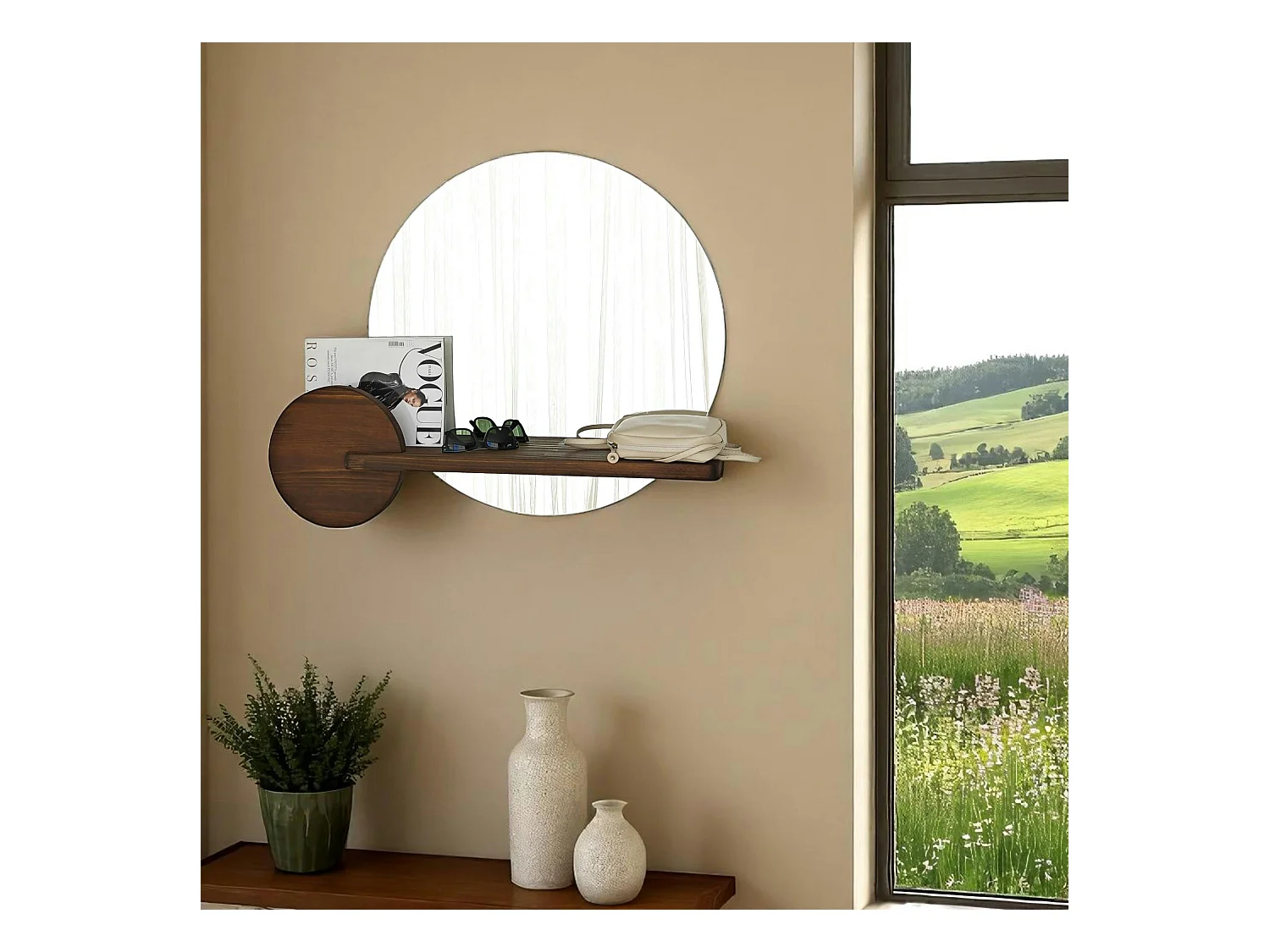 Miroir d'entrée rond avec étagère en bois brun HILO
