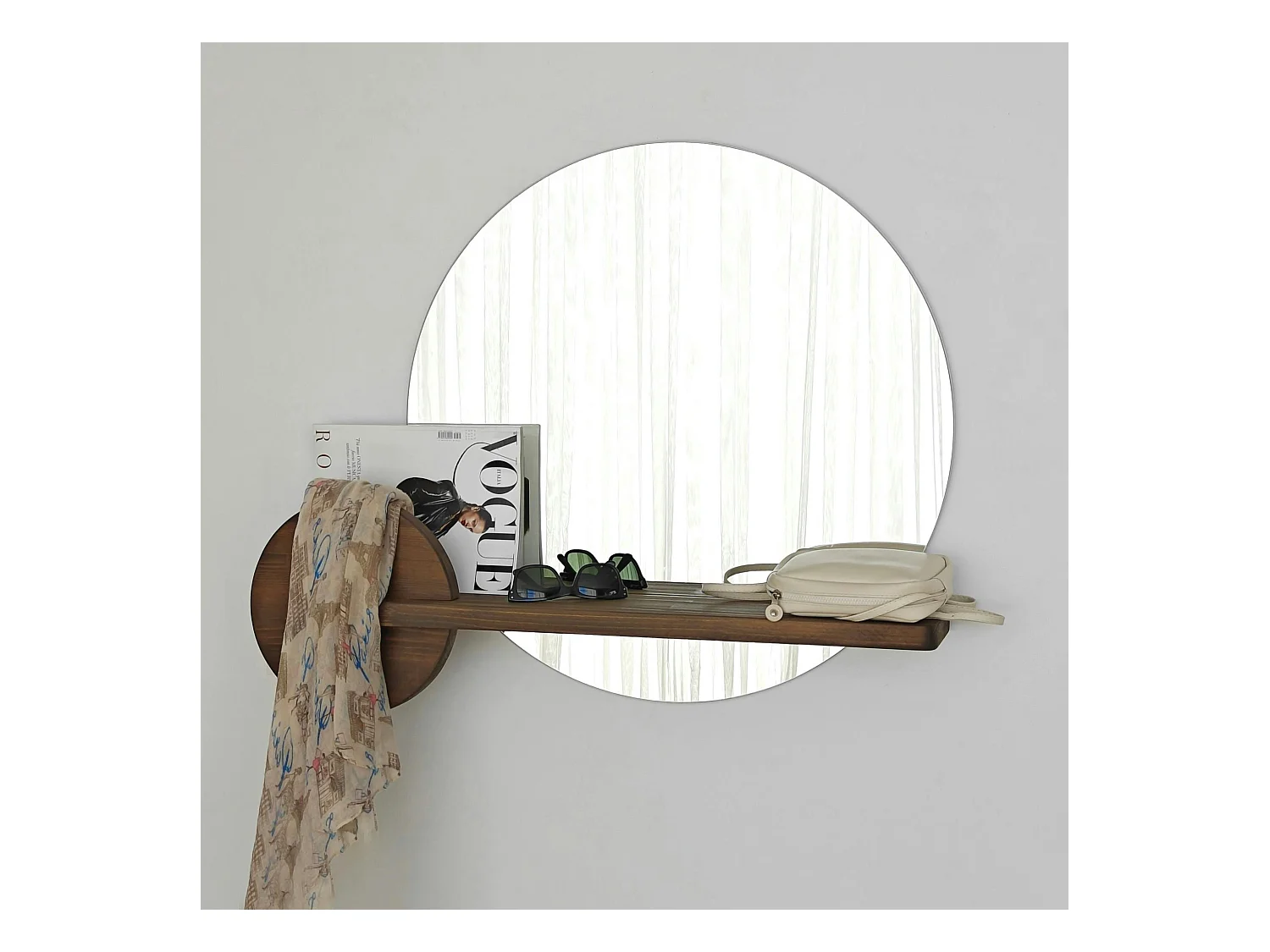Miroir d'entrée rond avec étagère en bois brun HILO
