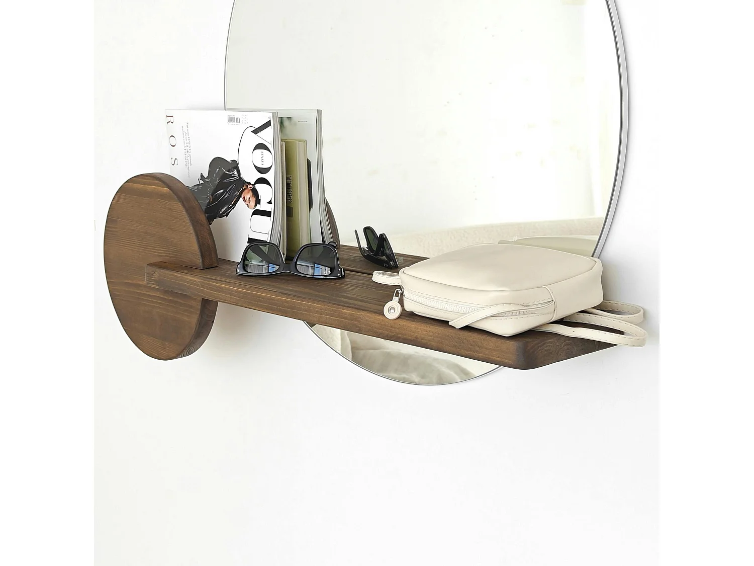 Miroir d'entrée rond avec étagère en bois brun HILO