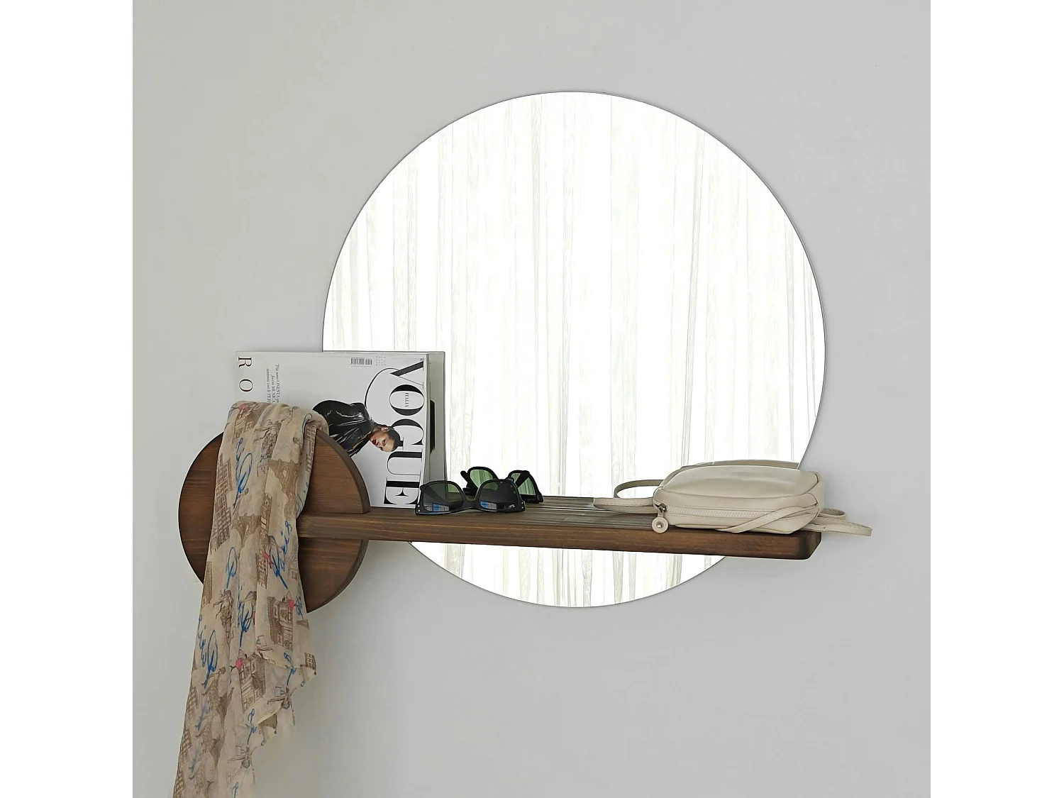 Miroir d'entrée rond avec étagère en bois brun HILO